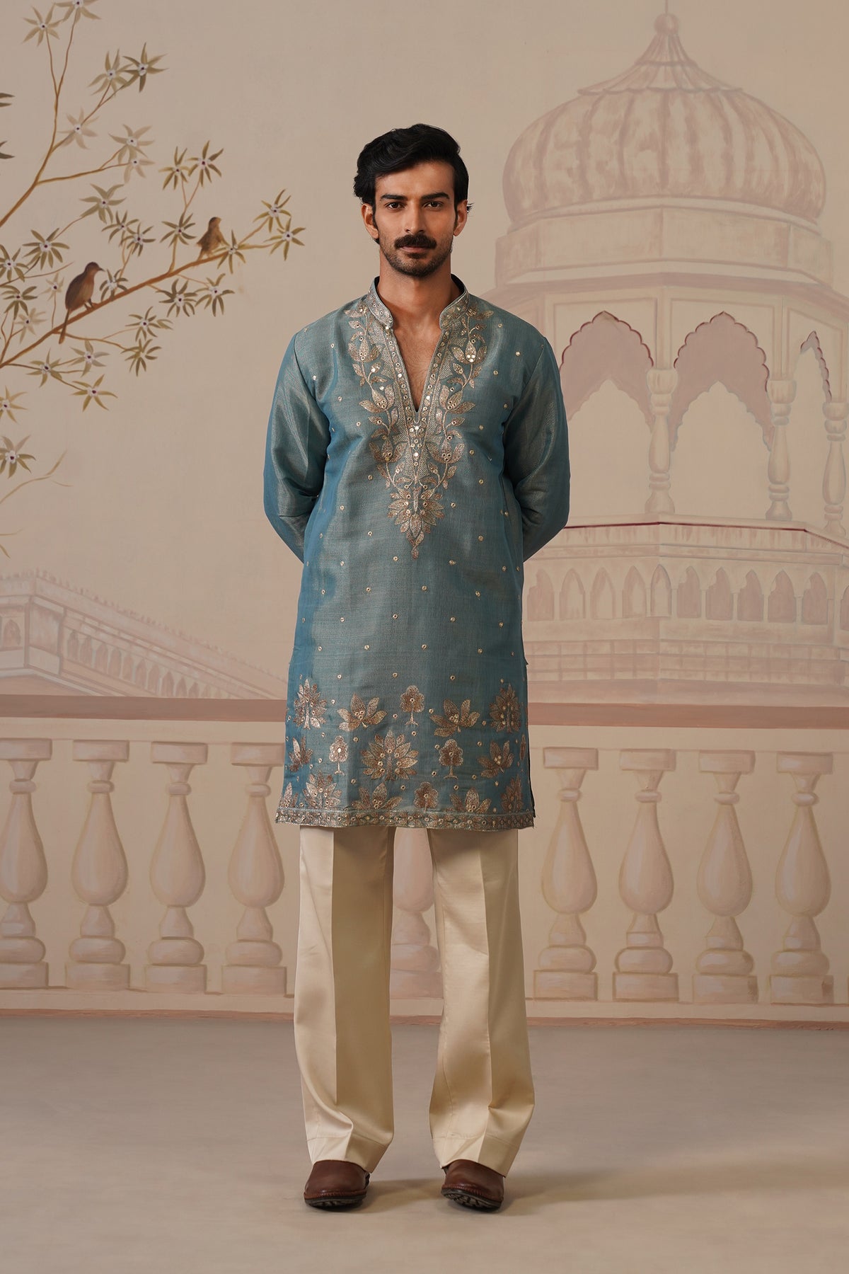 Neer Sage Blue V-Neck Short Kurta Set with Dupatta