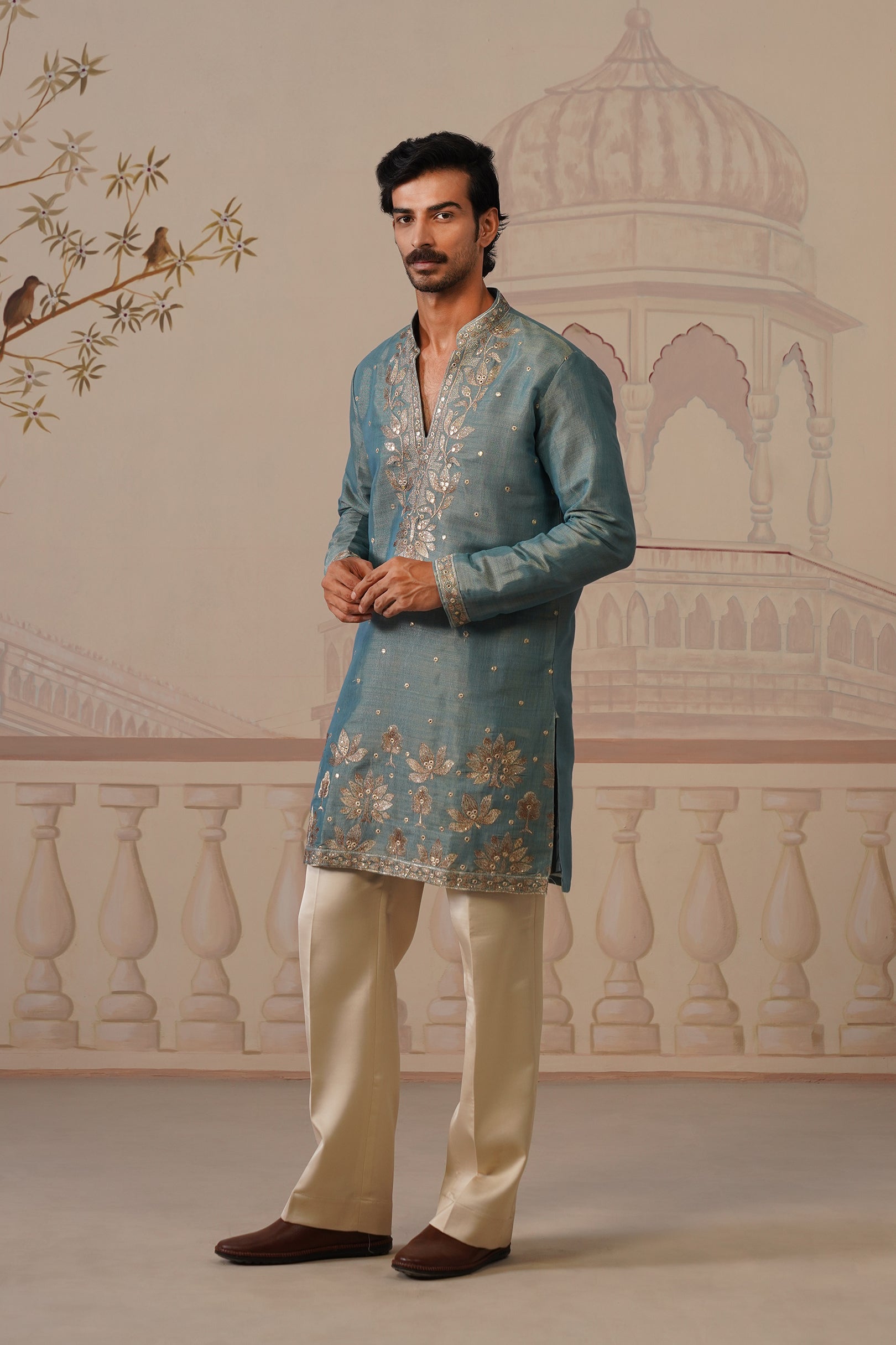 Neer Sage Blue V-Neck Short Kurta Set with Dupatta