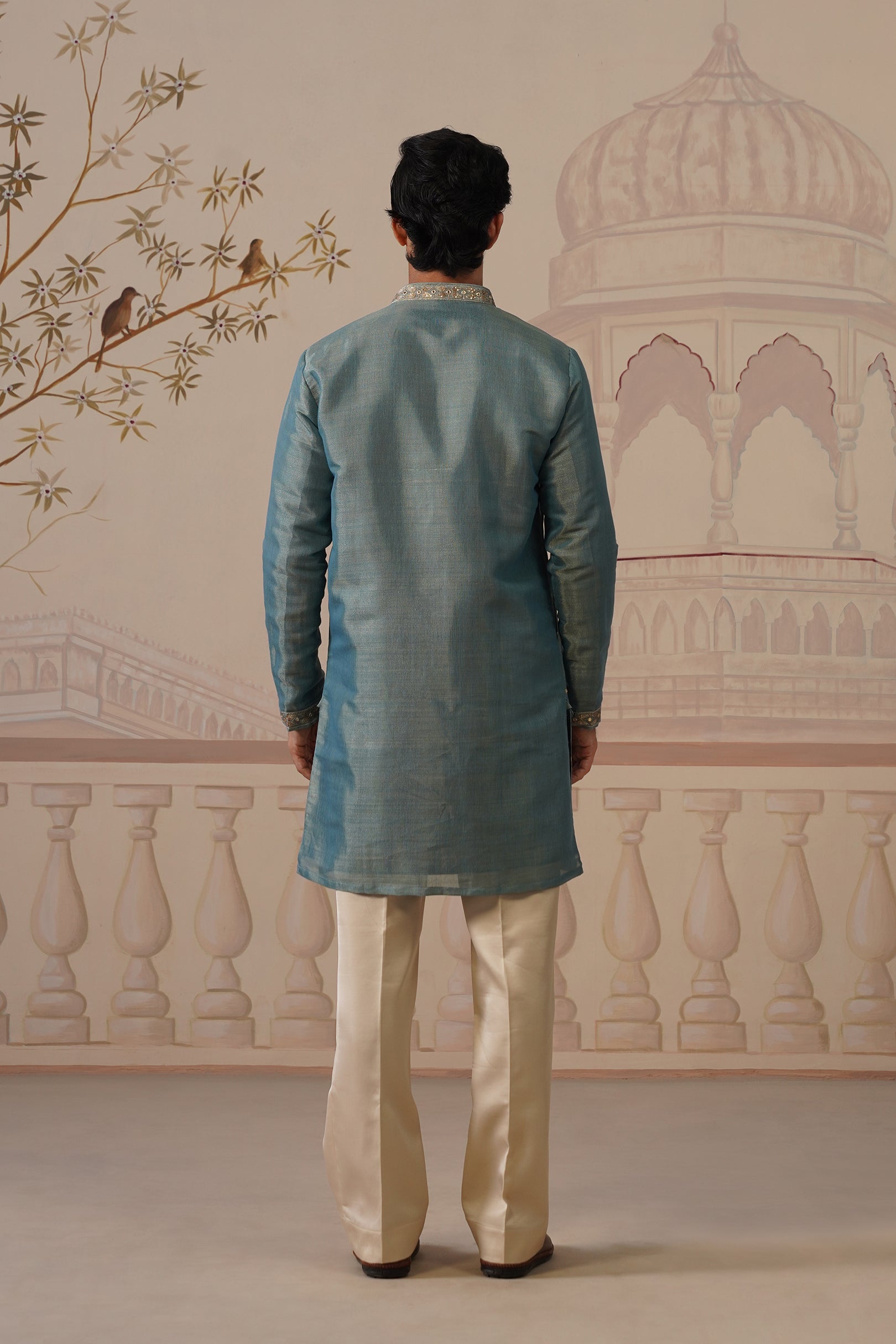 Neer Sage Blue V-Neck Short Kurta Set with Dupatta
