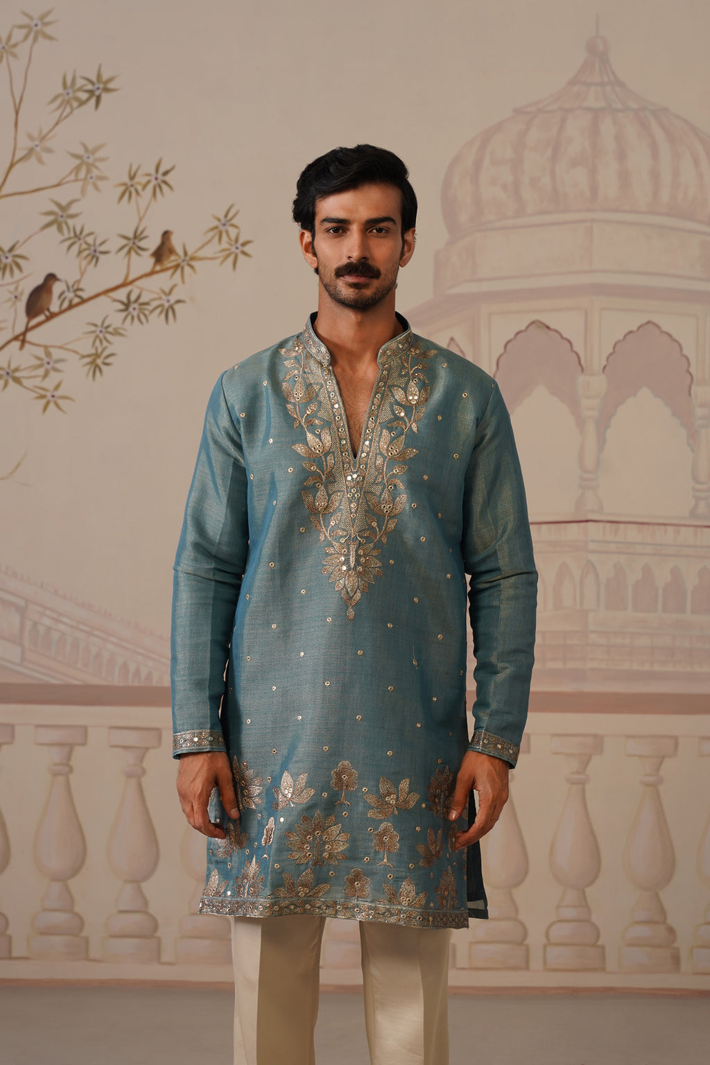 Neer Sage Blue V-Neck Short Kurta Set with Dupatta