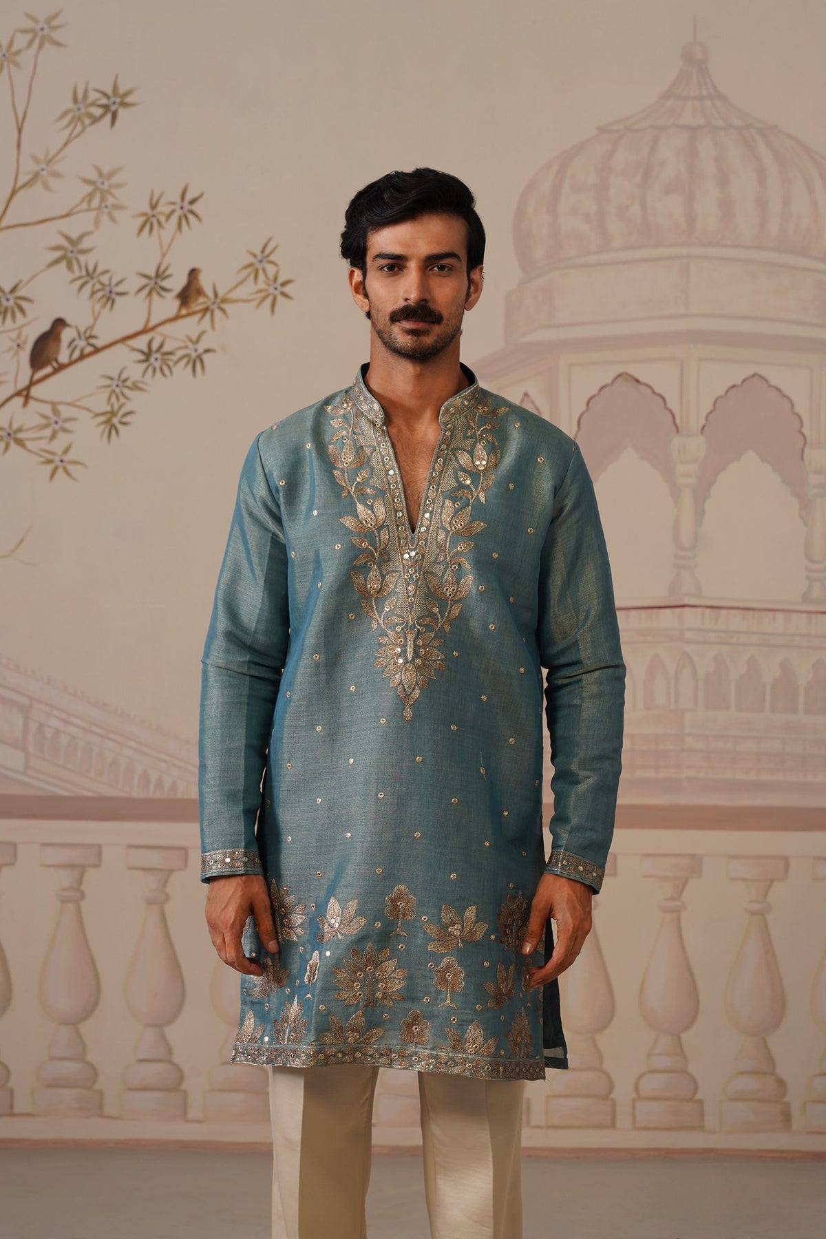 Neer Sage Blue V-Neck Short Kurta Set with Dupatta