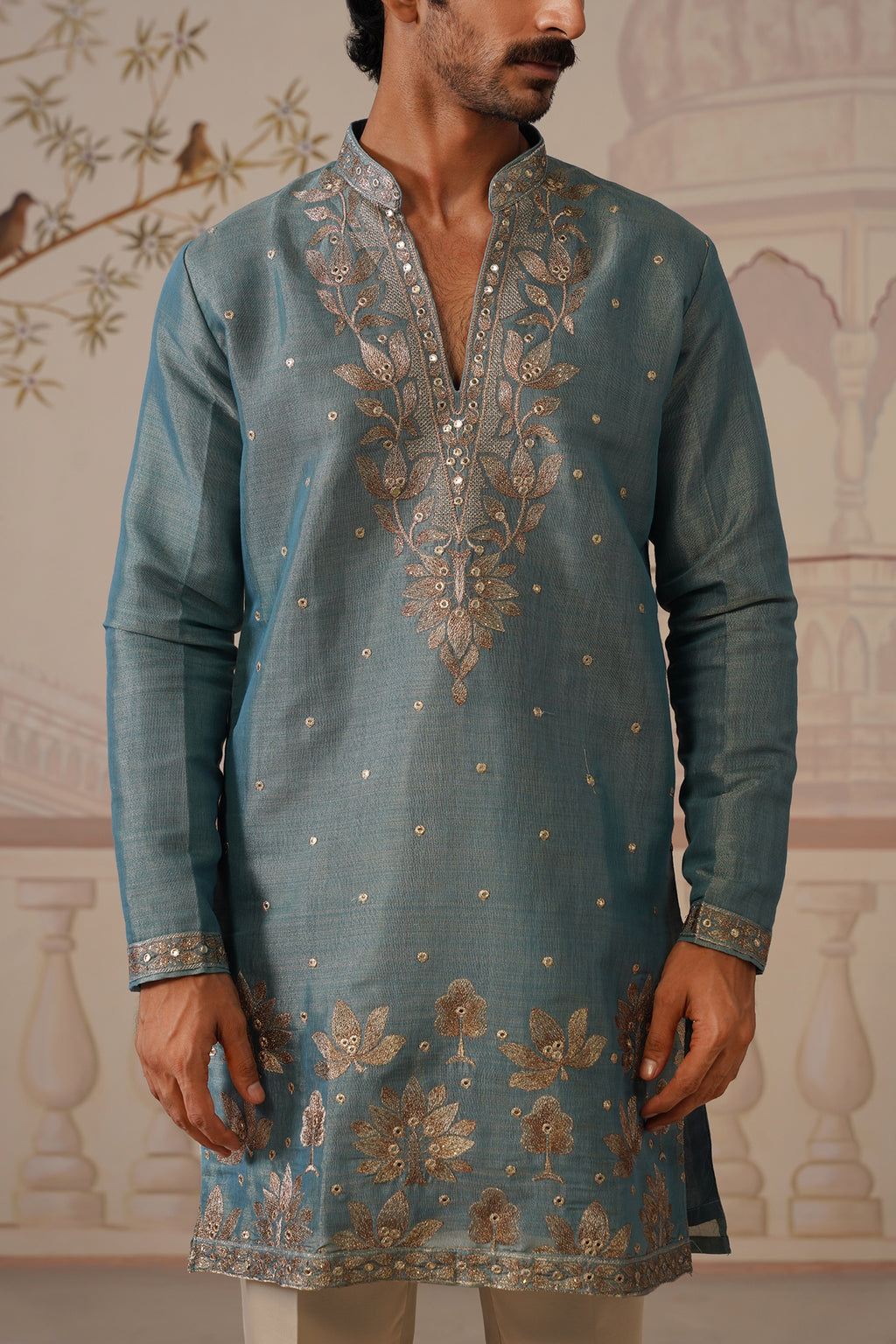 Neer Sage Blue V-Neck Short Kurta Set with Dupatta