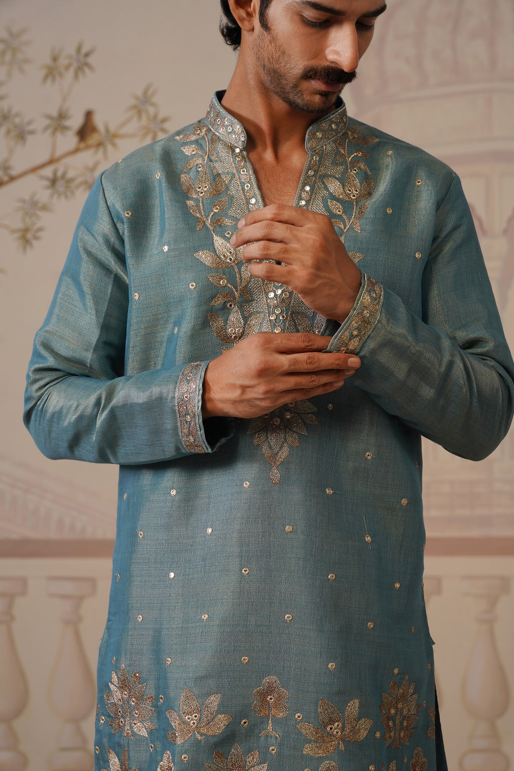 Neer Sage Blue V-Neck Short Kurta Set with Dupatta
