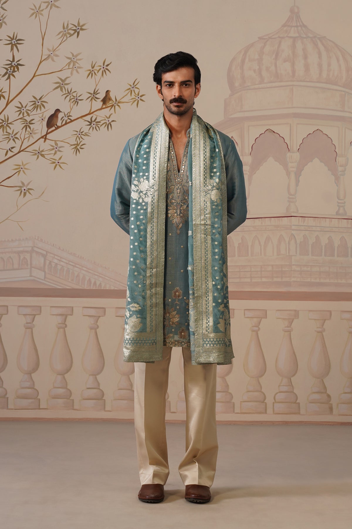 Neer Sage Blue V-Neck Short Kurta Set with Dupatta