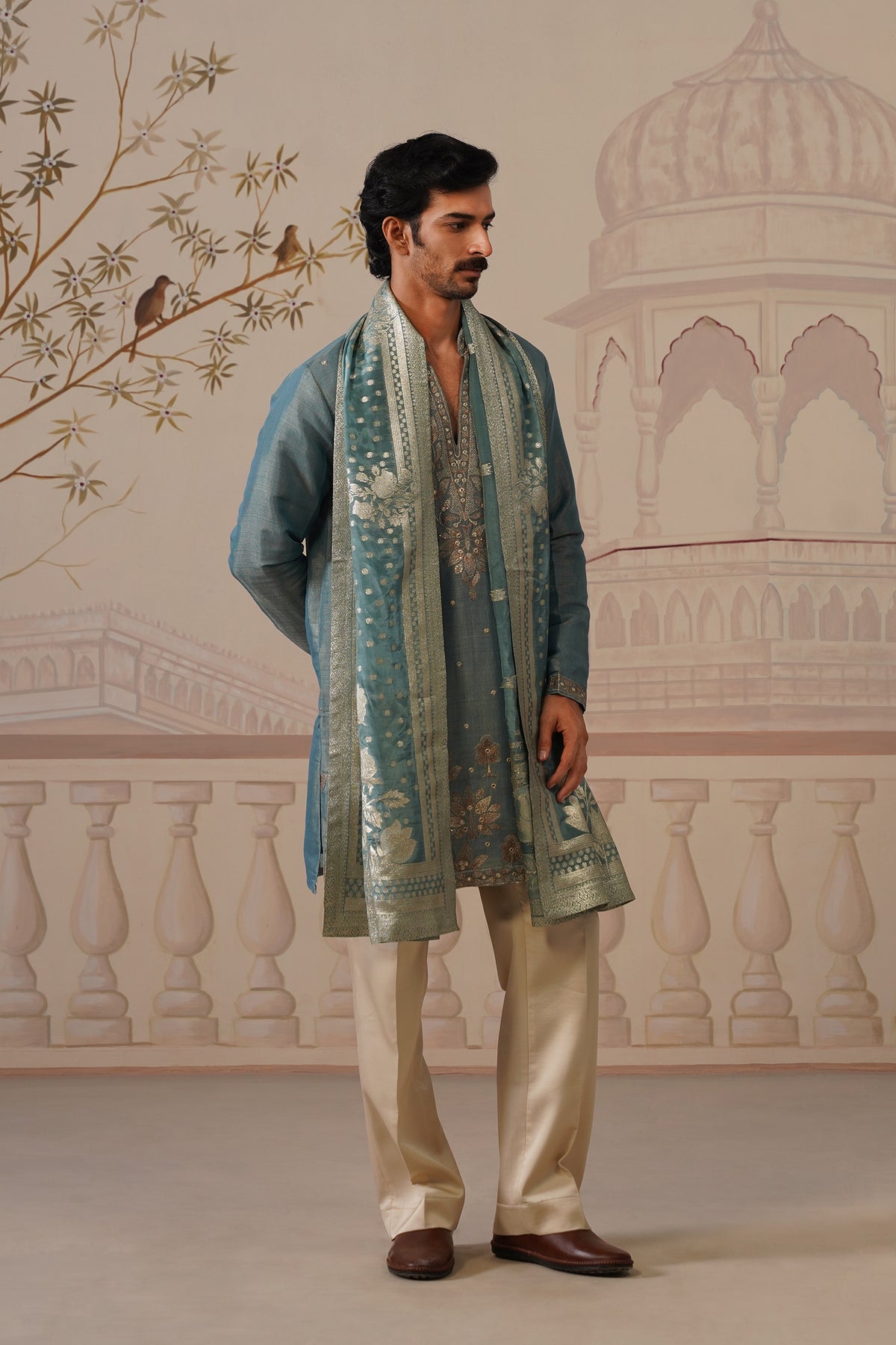 Neer Sage Blue V-Neck Short Kurta Set with Dupatta