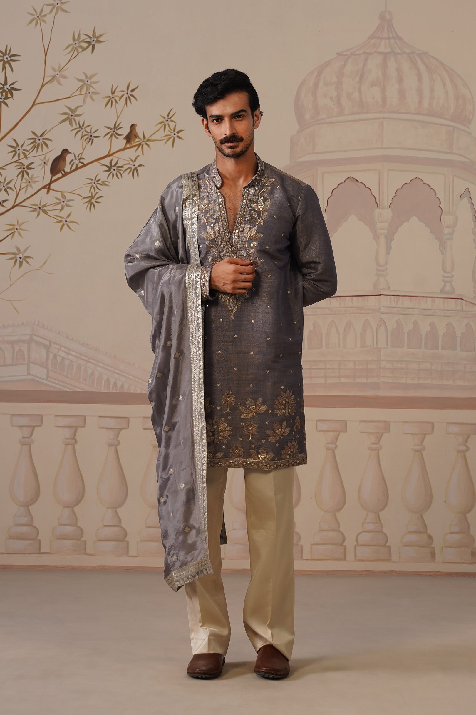 Neer Dark Lavender V-Neck Short Kurta Set with Dupatta
