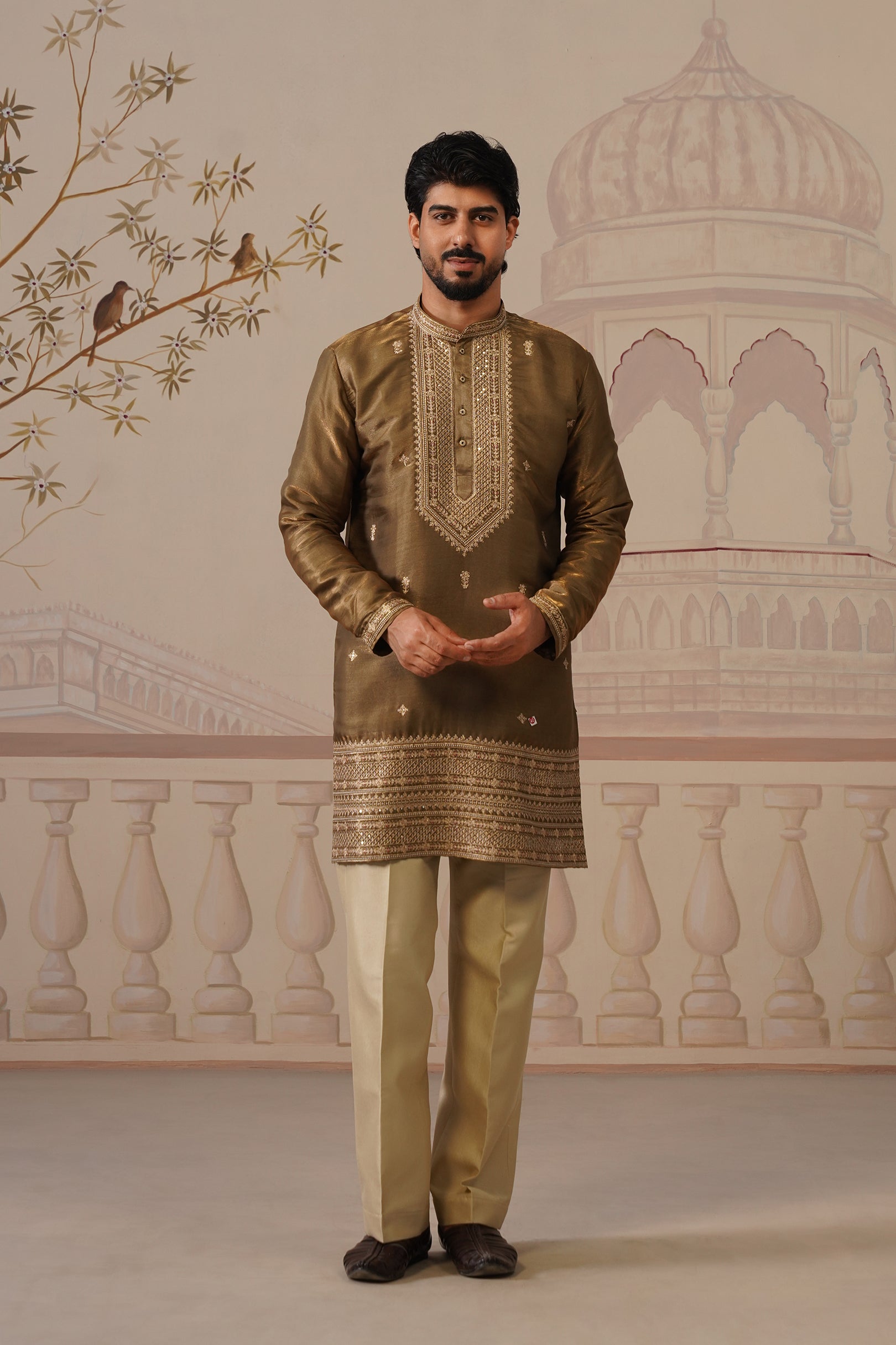 Arun Antique Olive Embellished Tissue Kurta & Trouser Set