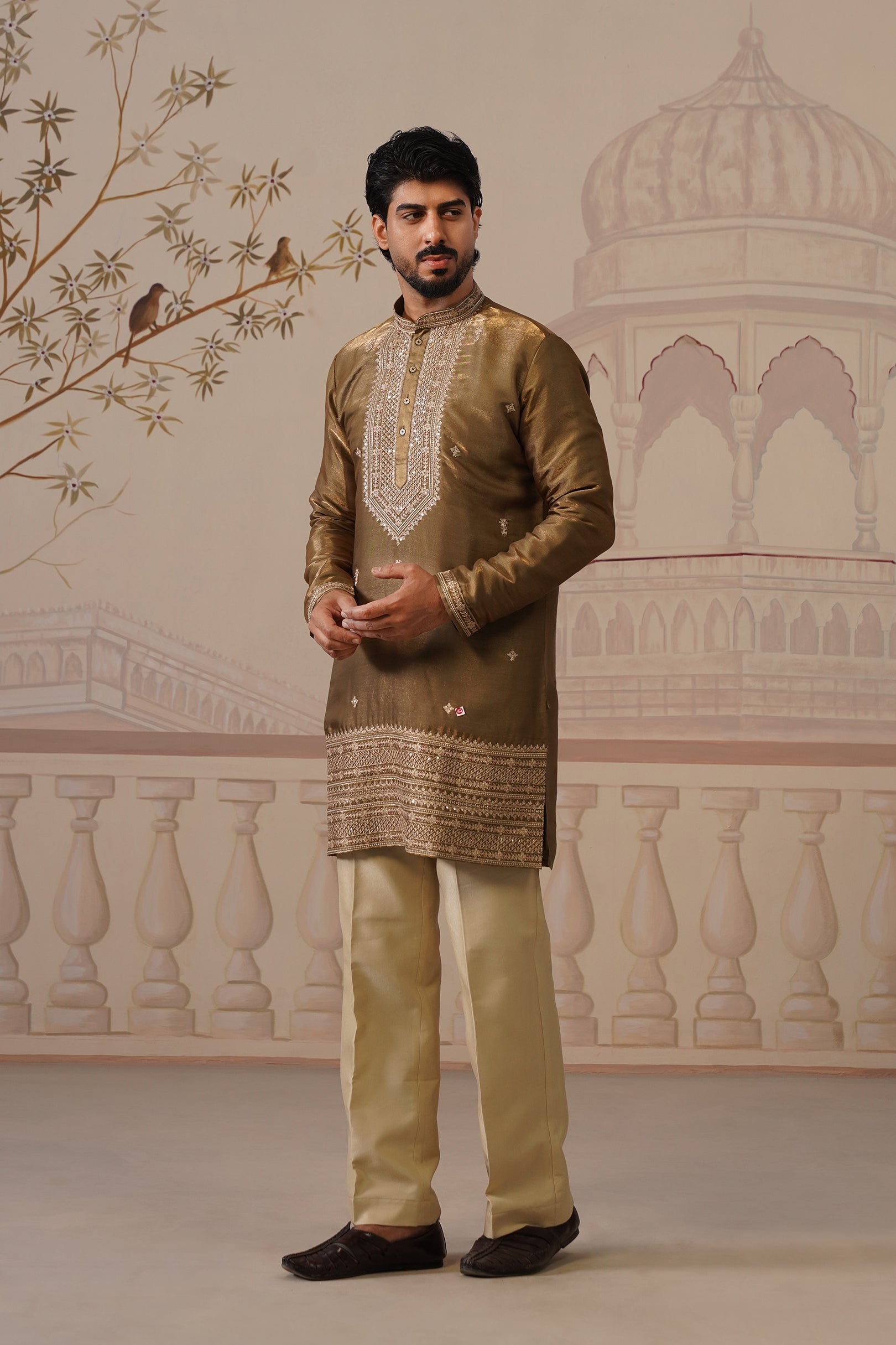 Arun Antique Olive Embellished Tissue Kurta & Trouser Set