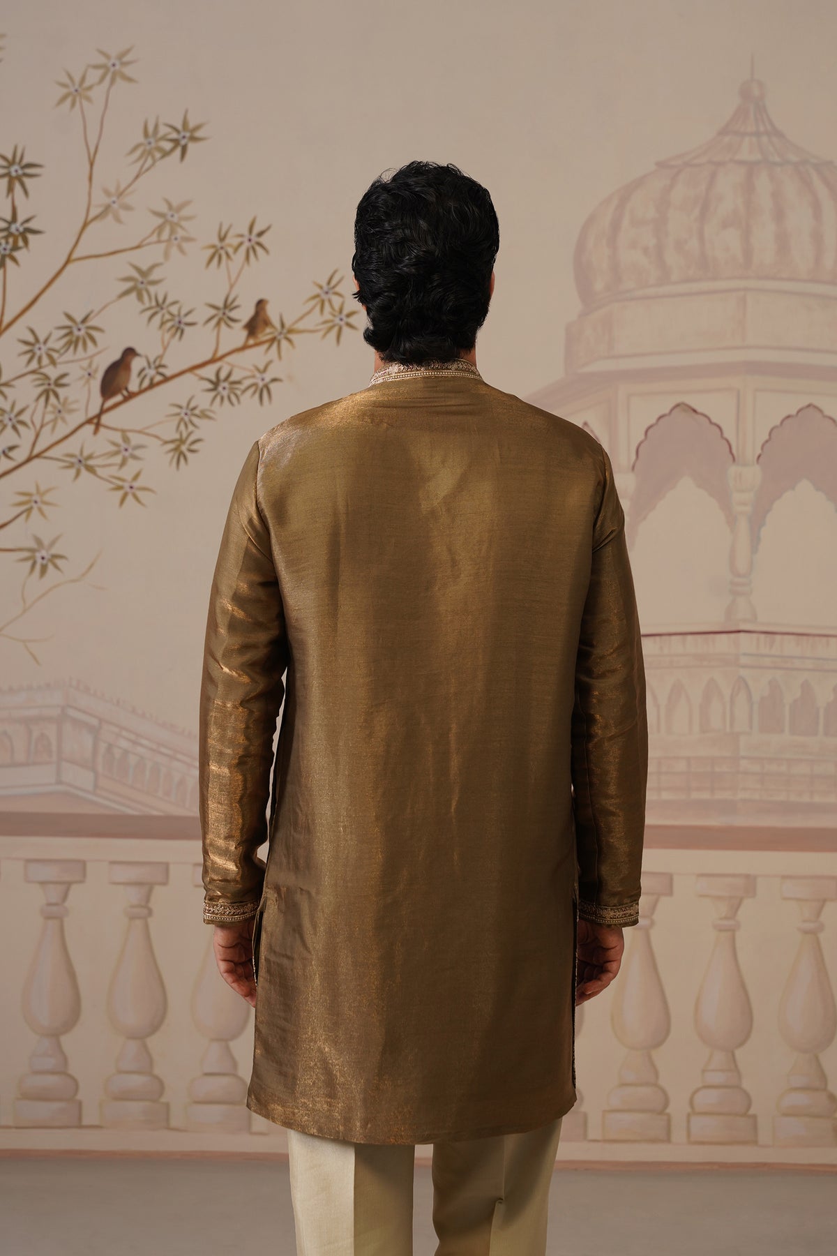 Arun Antique Olive Embellished Tissue Kurta & Trouser Set