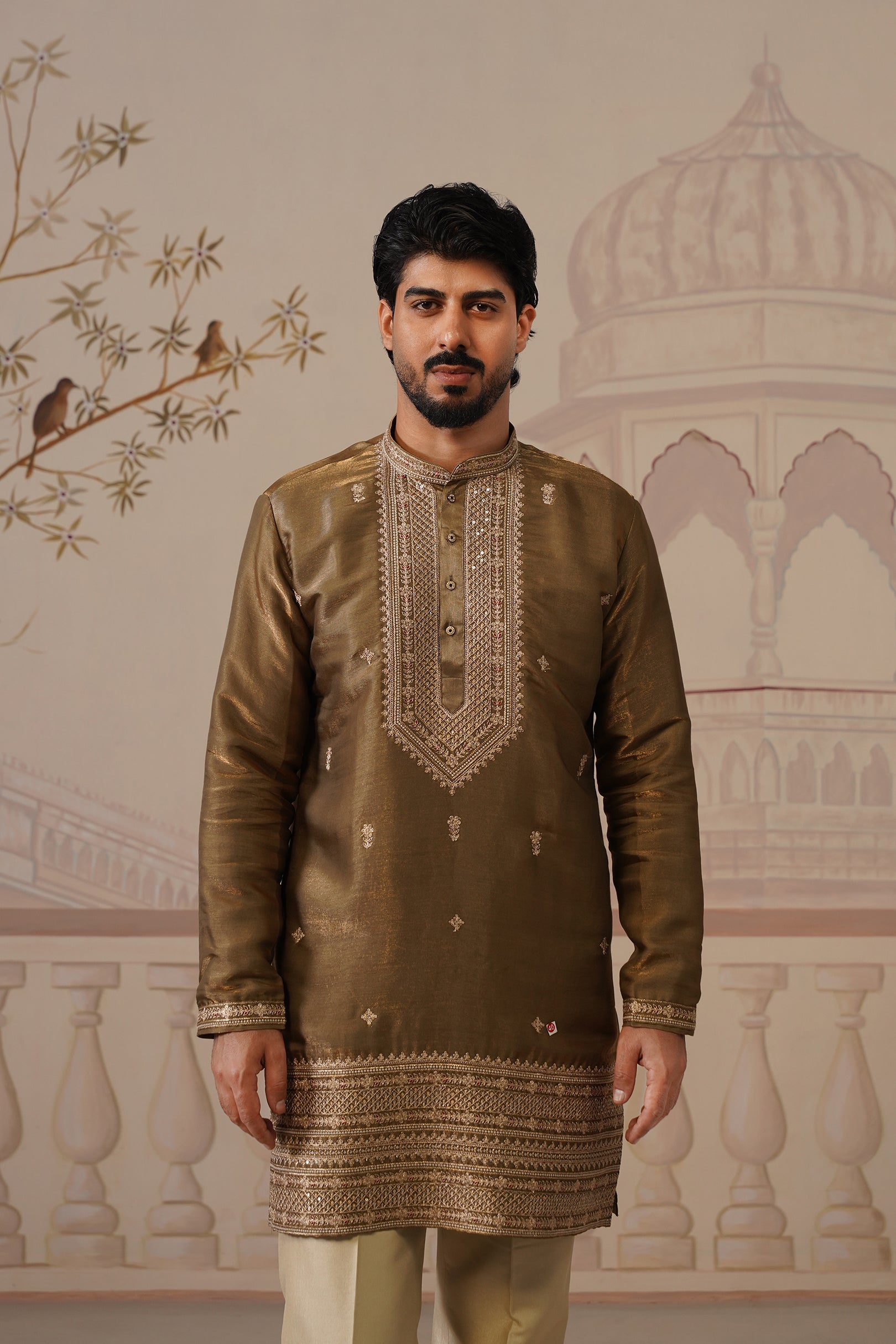 Arun Antique Olive Embellished Tissue Kurta & Trouser Set