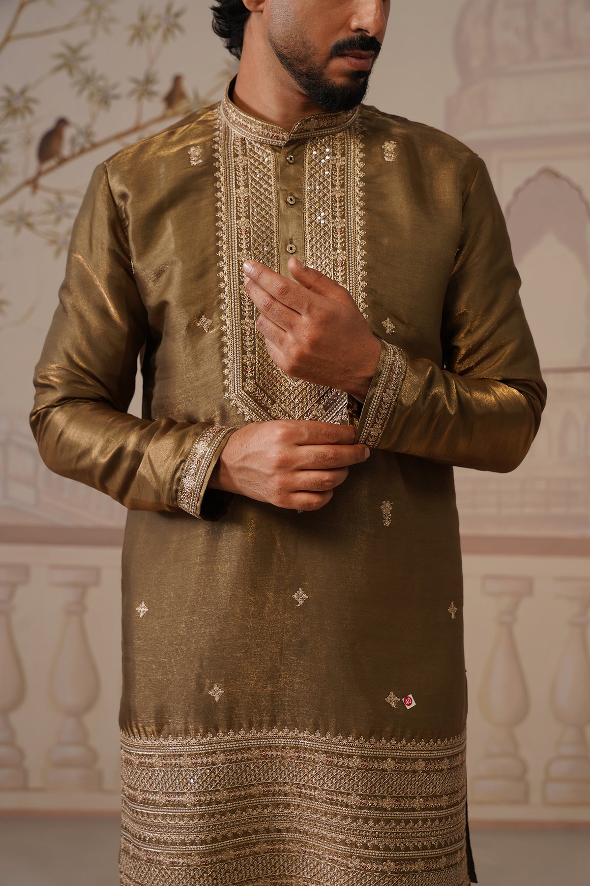 Arun Antique Olive Embellished Tissue Kurta & Trouser Set