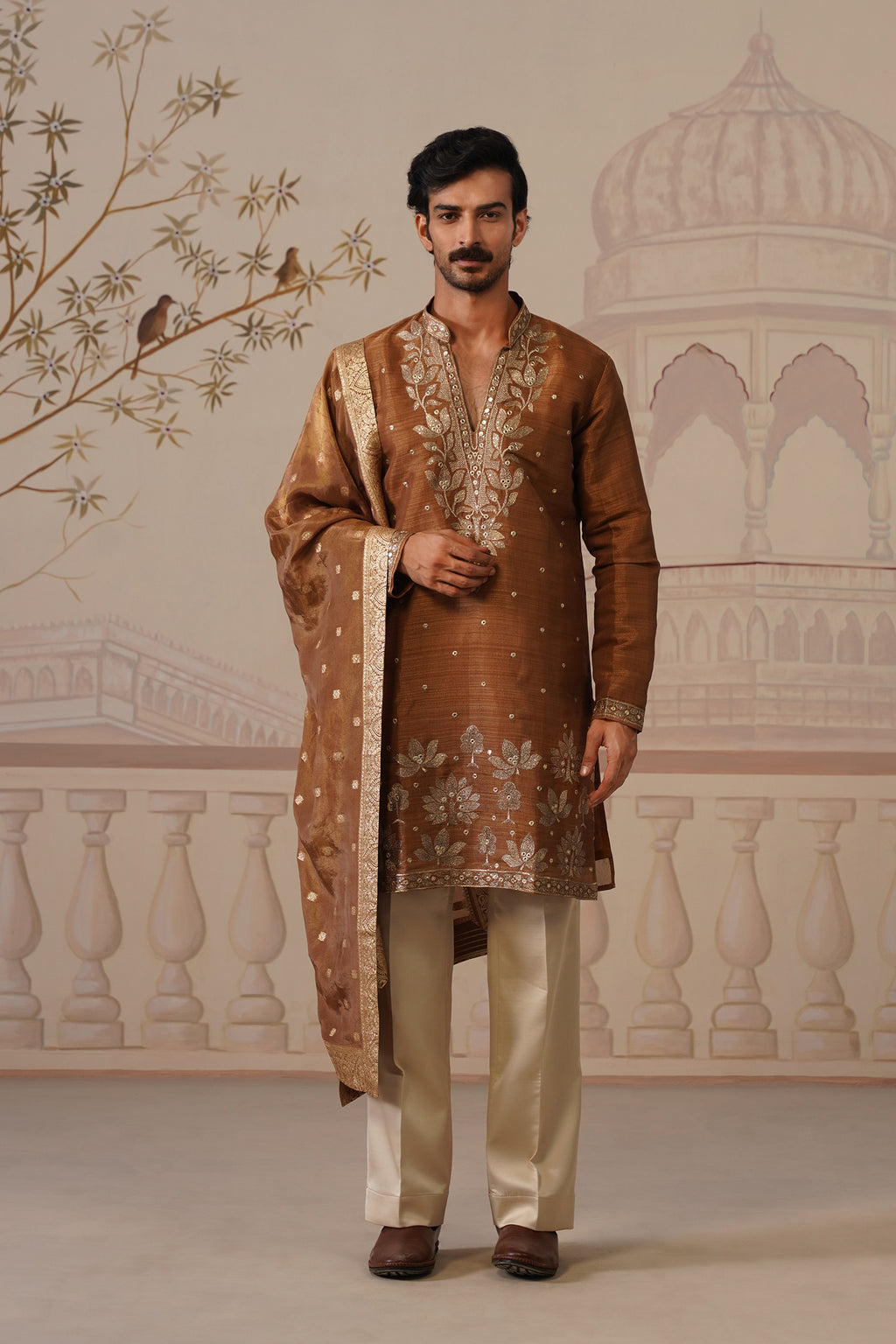 Neer Rich Brown V-Neck Short Kurta Set with Dupatta