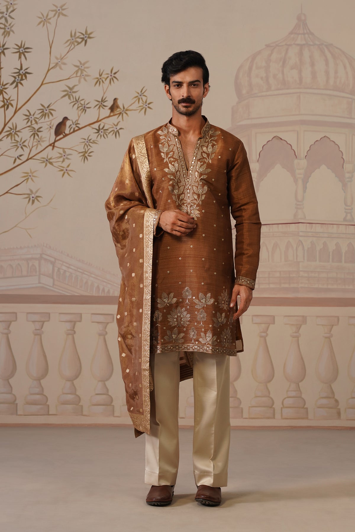 Neer Rich Brown V-Neck Short Kurta Set with Dupatta