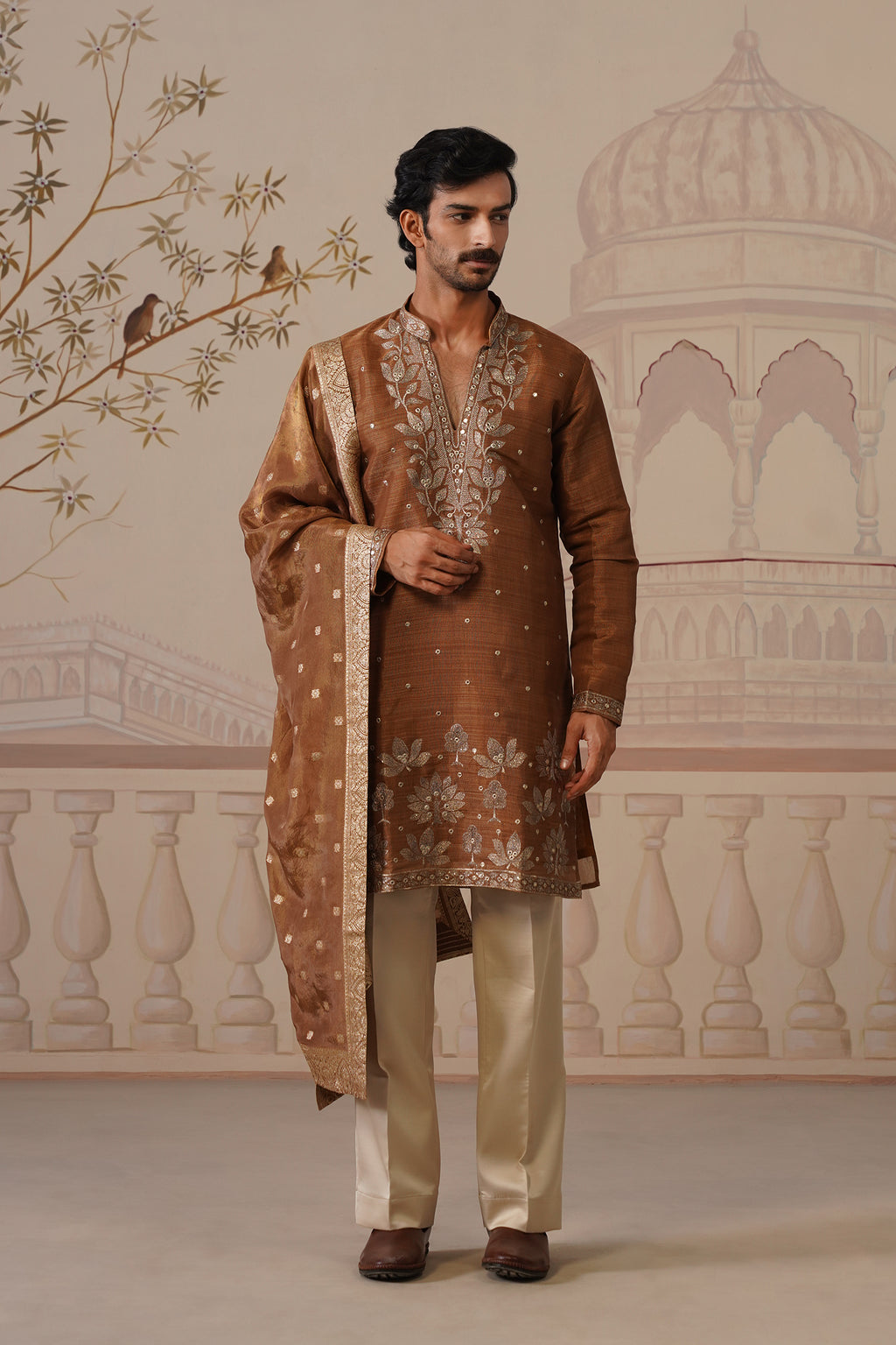 Neer Rich Brown V-Neck Short Kurta Set with Dupatta
