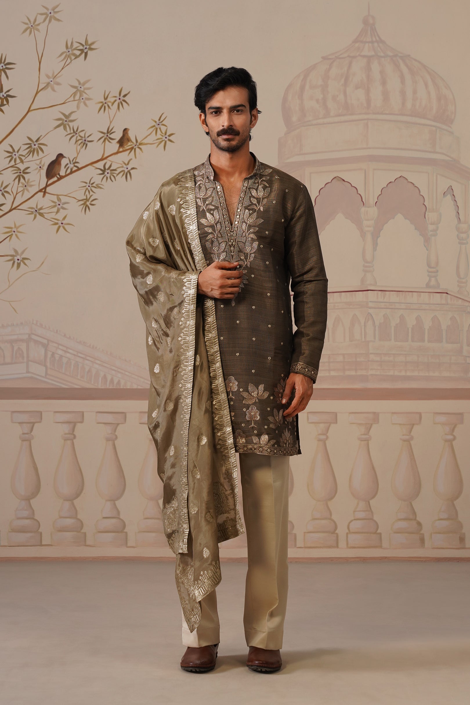 Neer Antique Olive V-Neck Short Kurta Set with Dupatta