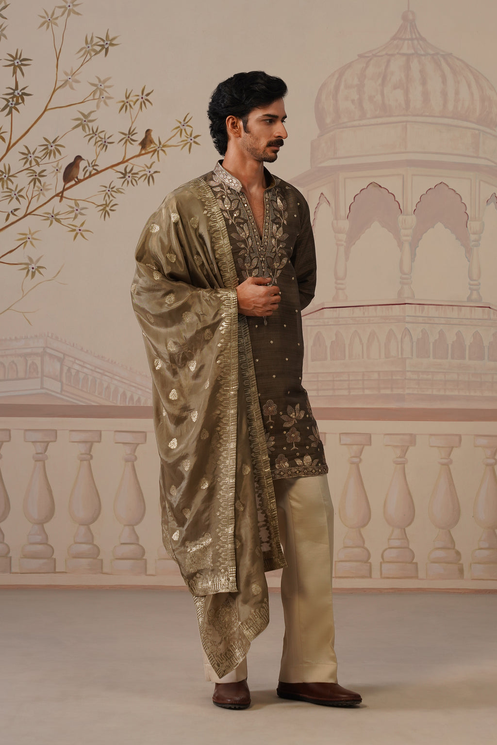 Neer Antique Olive V-Neck Short Kurta Set with Dupatta