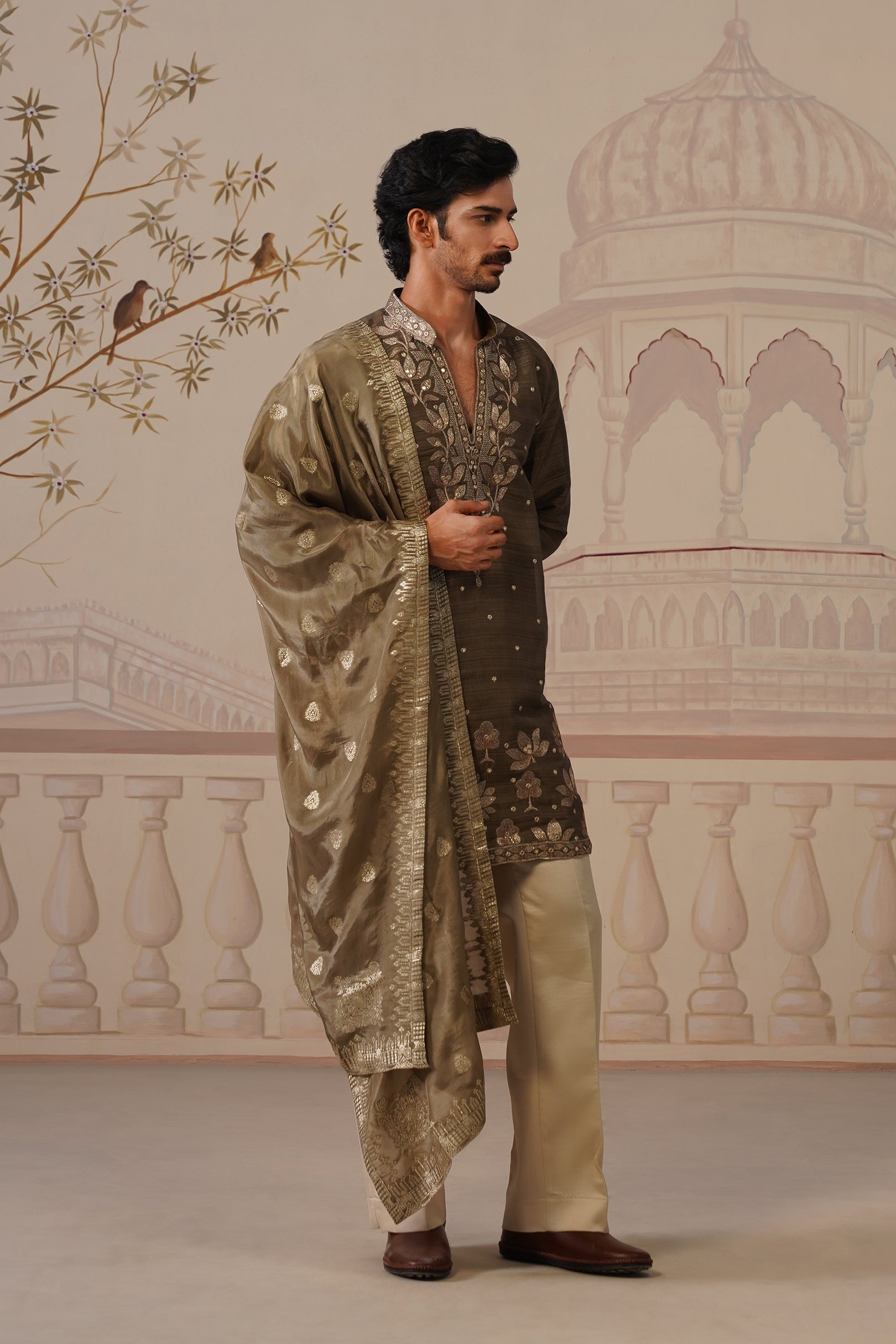 Neer Antique Olive V-Neck Short Kurta Set with Dupatta