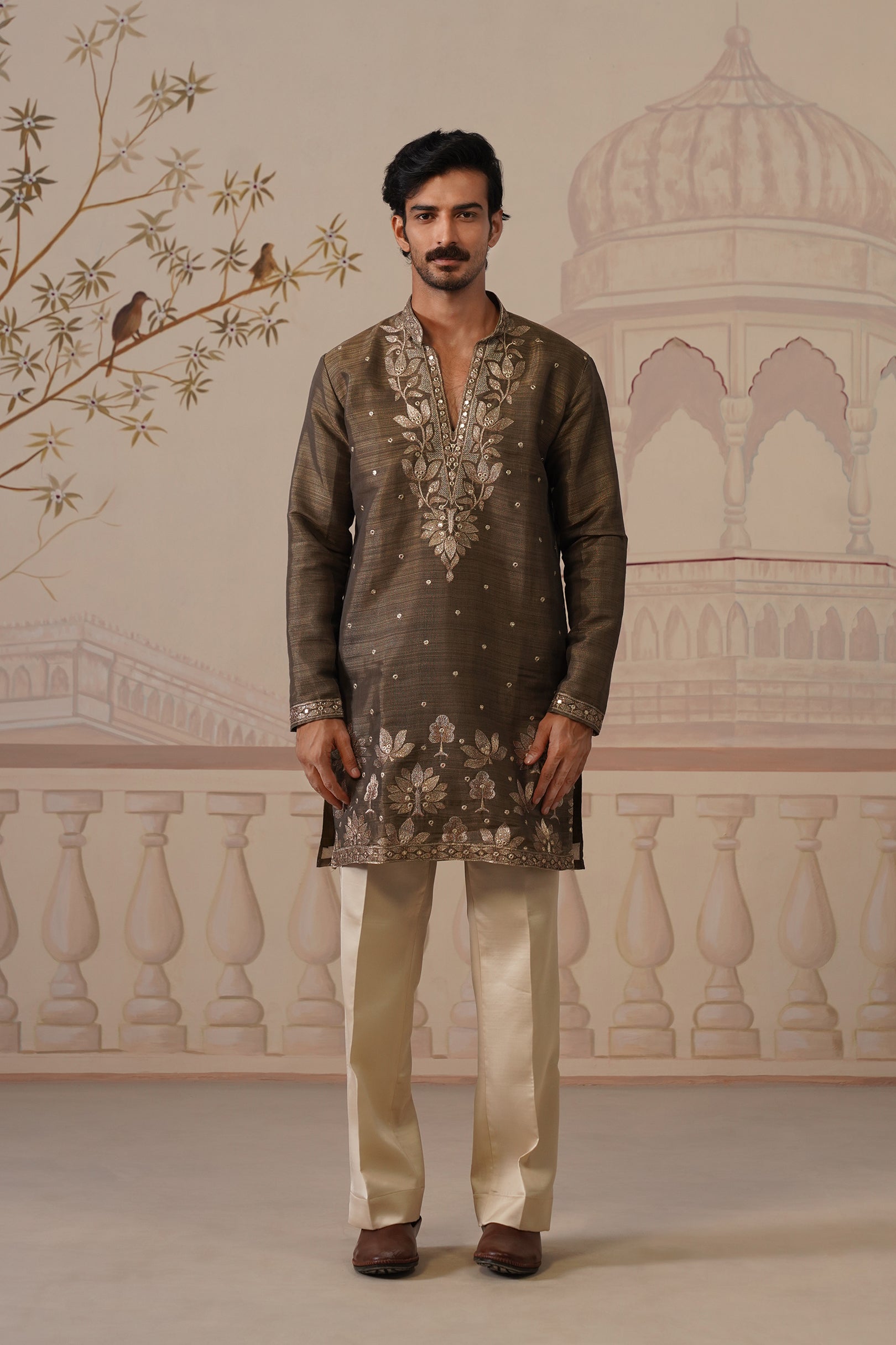 Neer Antique Olive V-Neck Short Kurta Set with Dupatta