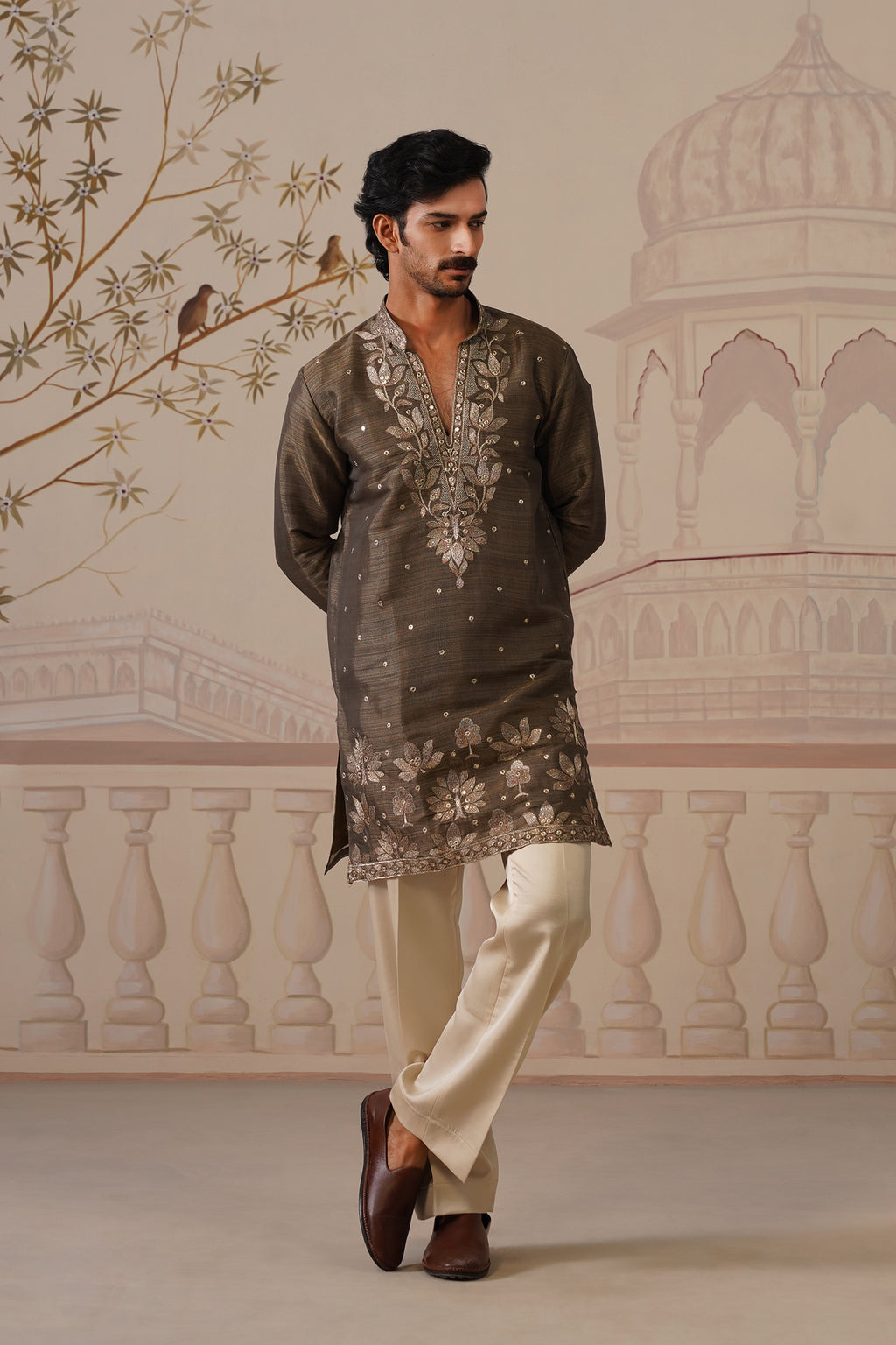 Neer Antique Olive V-Neck Short Kurta Set with Dupatta