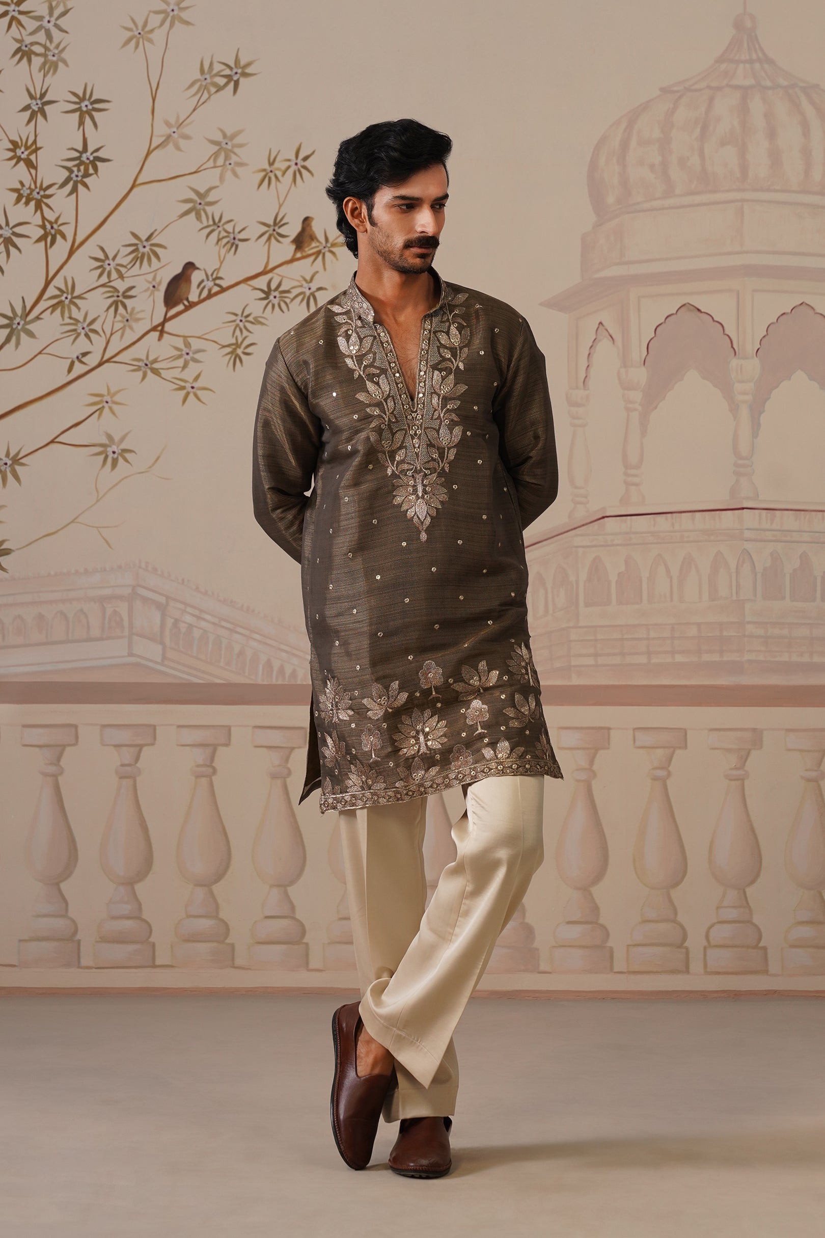 Neer Antique Olive V-Neck Short Kurta Set with Dupatta