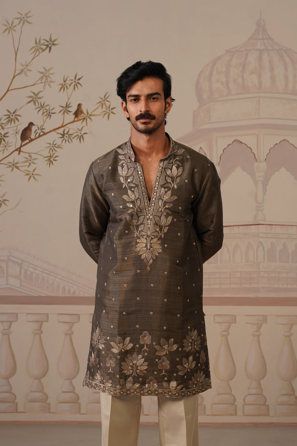 Neer Antique Olive V-Neck Short Kurta Set with Dupatta