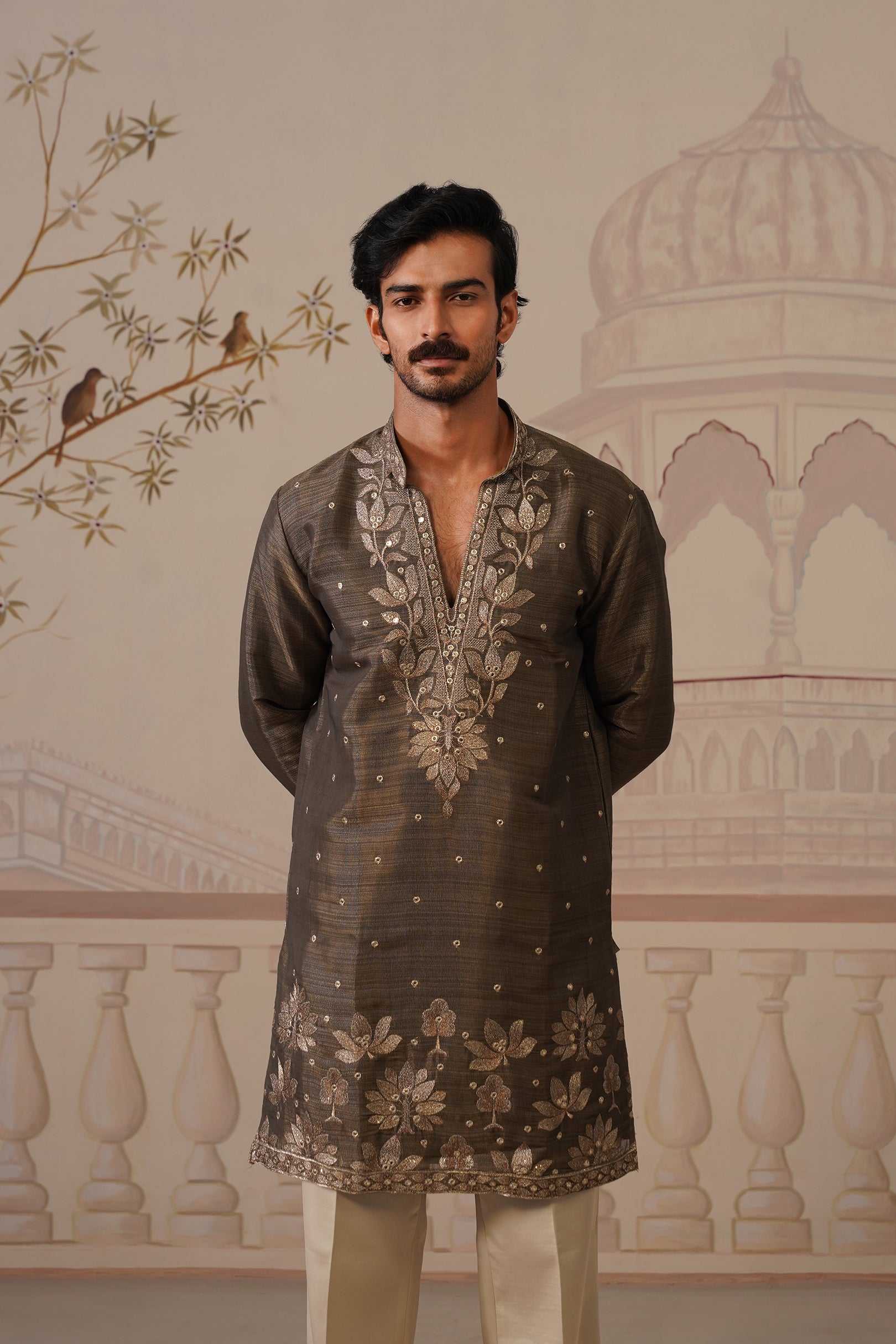 Neer Antique Olive V-Neck Short Kurta Set with Dupatta