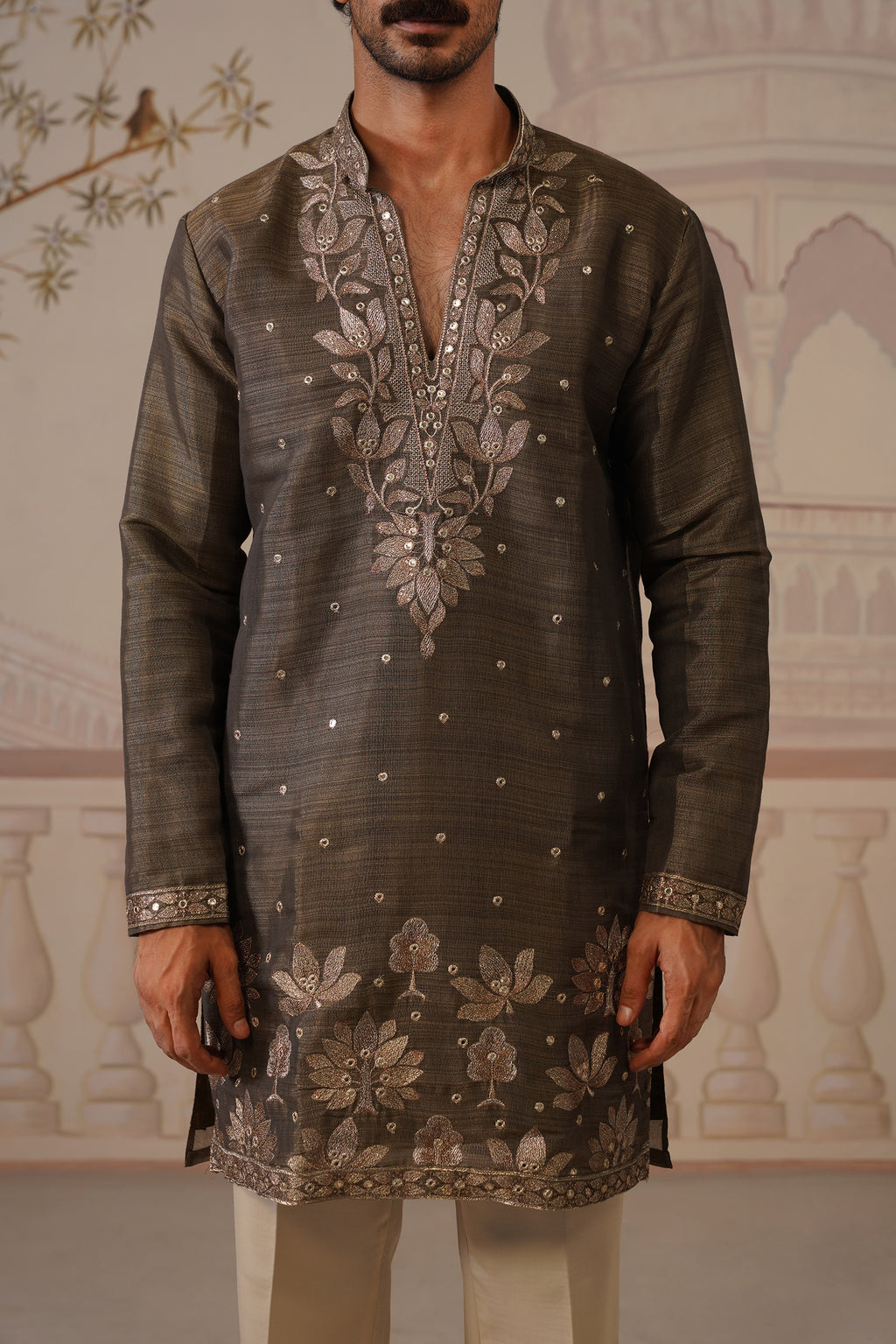 Neer Antique Olive V-Neck Short Kurta Set with Dupatta
