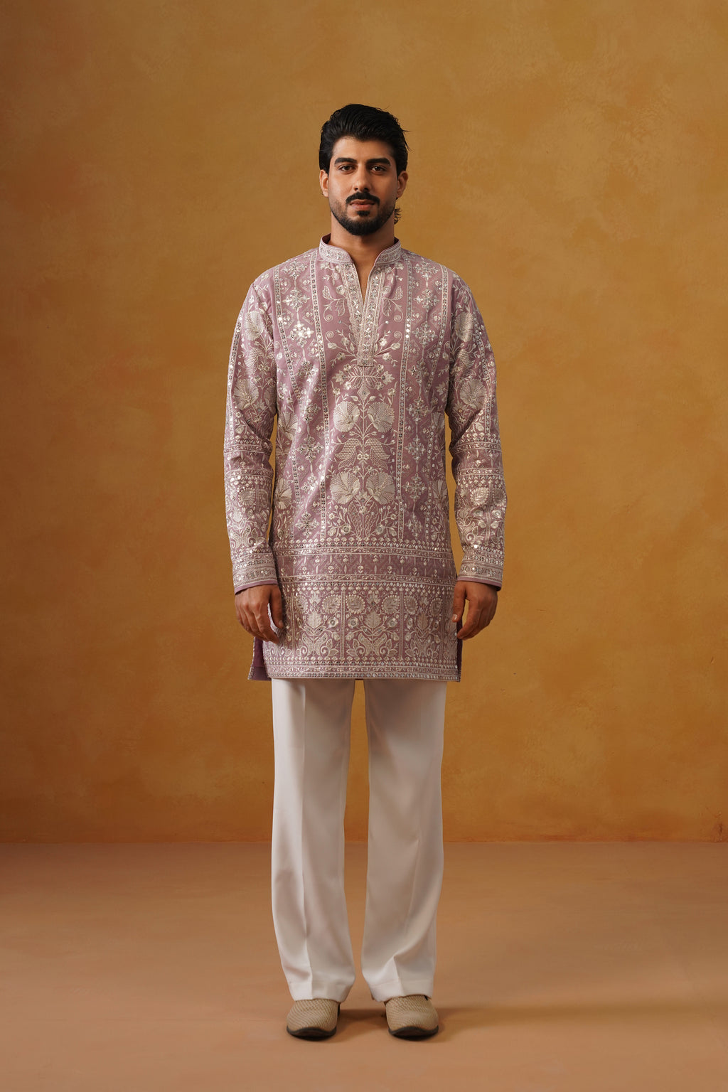 Rooh | Dusty Lilac V-Neck Kurta & Trouser Set with Dupatta