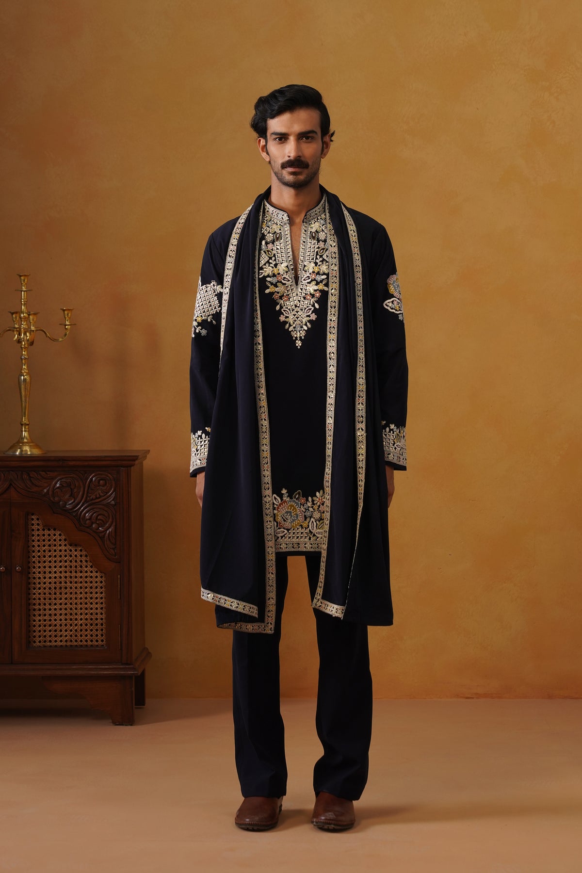 Aalekh Midnight Navy V-Neck Kurta & Trouser Set with Dupatta