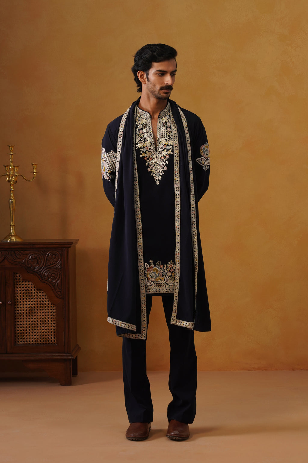Aalekh Midnight Navy V-Neck Kurta & Trouser Set with Dupatta