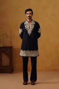 Aalekh Midnight Navy V-Neck Kurta & Trouser Set with Dupatta