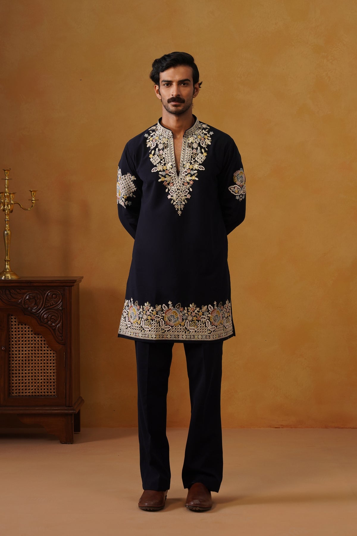 Aalekh Midnight Navy V-Neck Kurta & Trouser Set with Dupatta