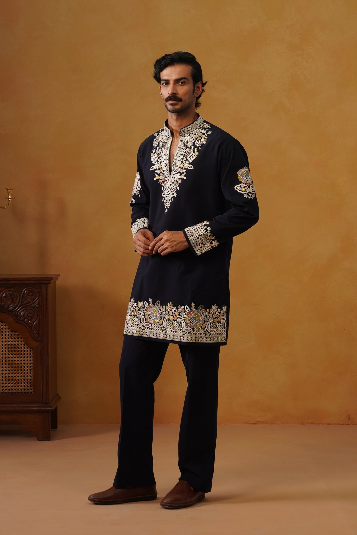 Aalekh Midnight Navy V-Neck Kurta & Trouser Set with Dupatta