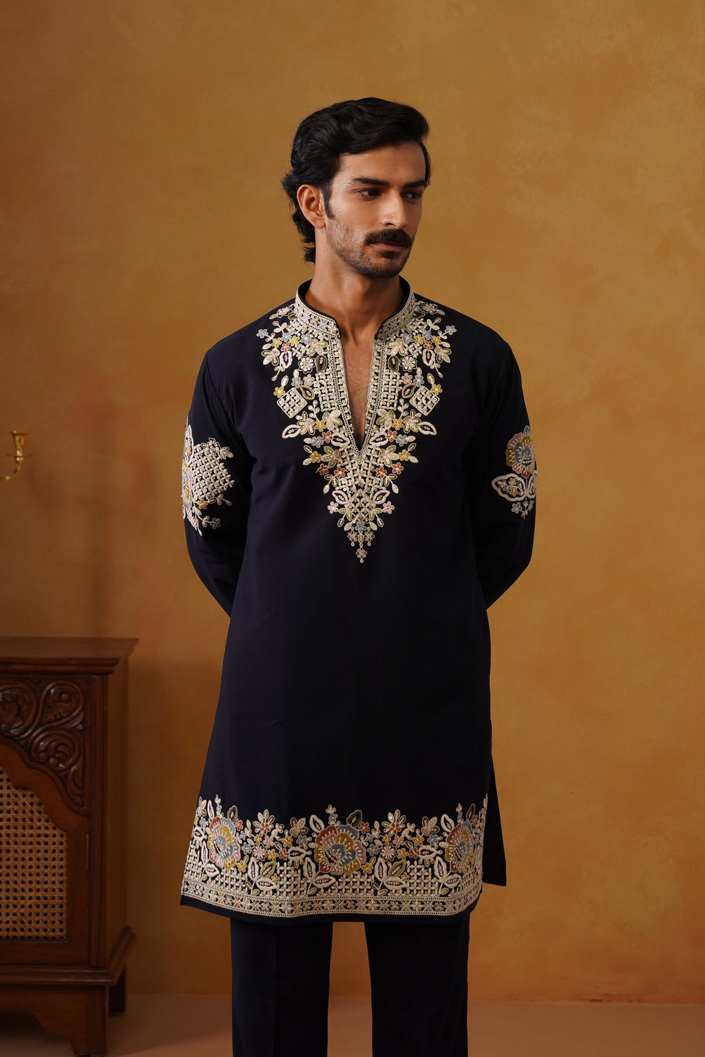 Aalekh Midnight Navy V-Neck Kurta & Trouser Set with Dupatta