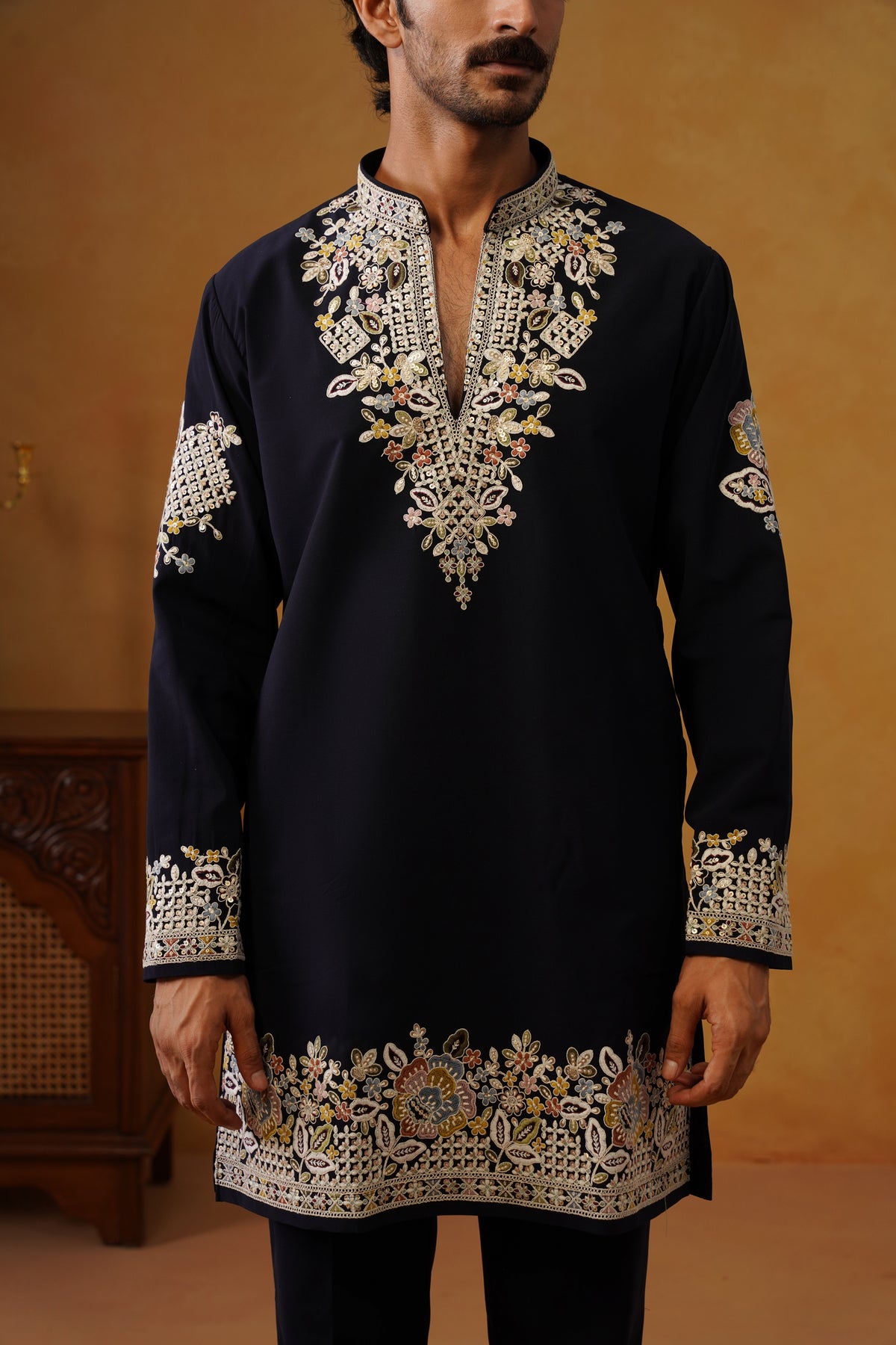 Aalekh Midnight Navy V-Neck Kurta & Trouser Set with Dupatta