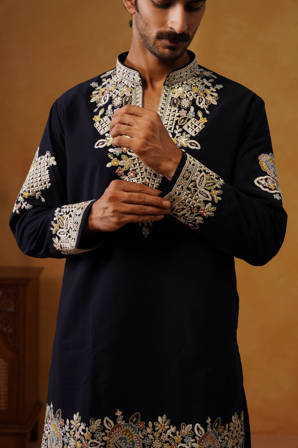 Aalekh Midnight Navy V-Neck Kurta & Trouser Set with Dupatta
