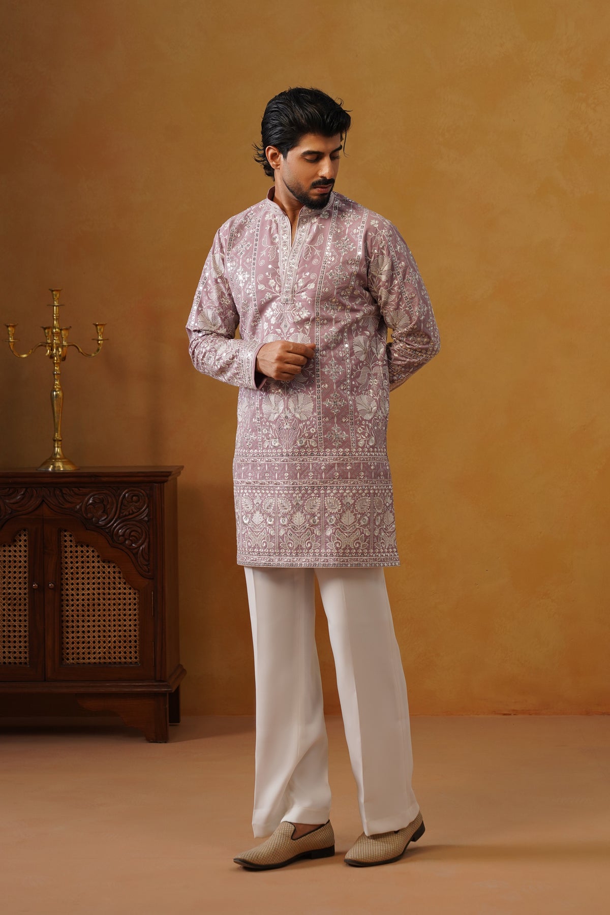Rooh | Dusty Lilac V-Neck Kurta & Trouser Set with Dupatta