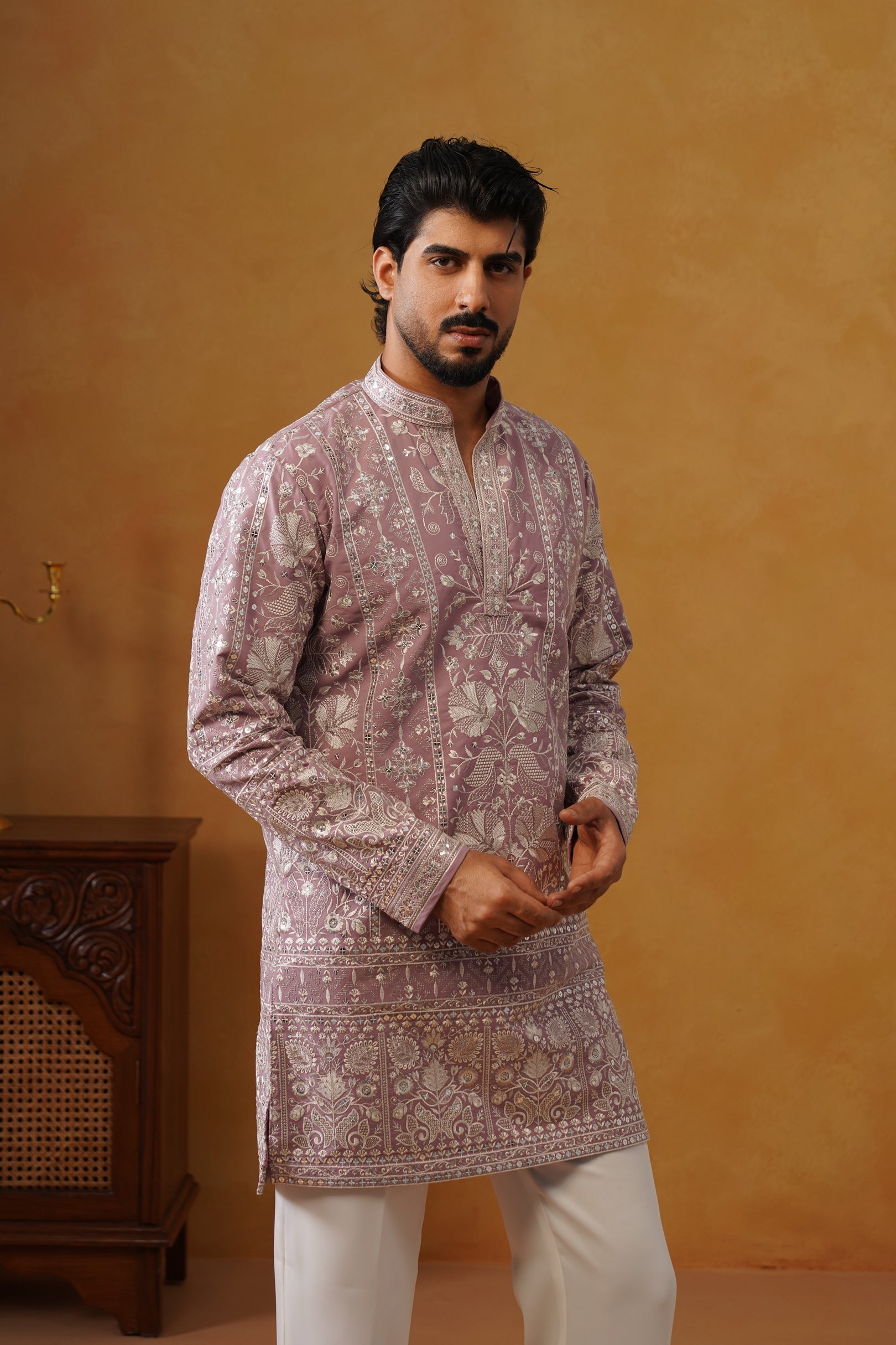 Rooh | Dusty Lilac V-Neck Kurta & Trouser Set with Dupatta