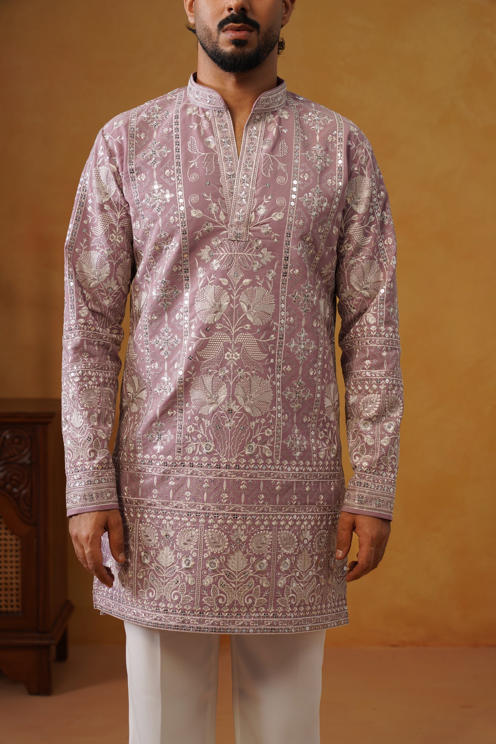 Rooh | Dusty Lilac V-Neck Kurta & Trouser Set with Dupatta