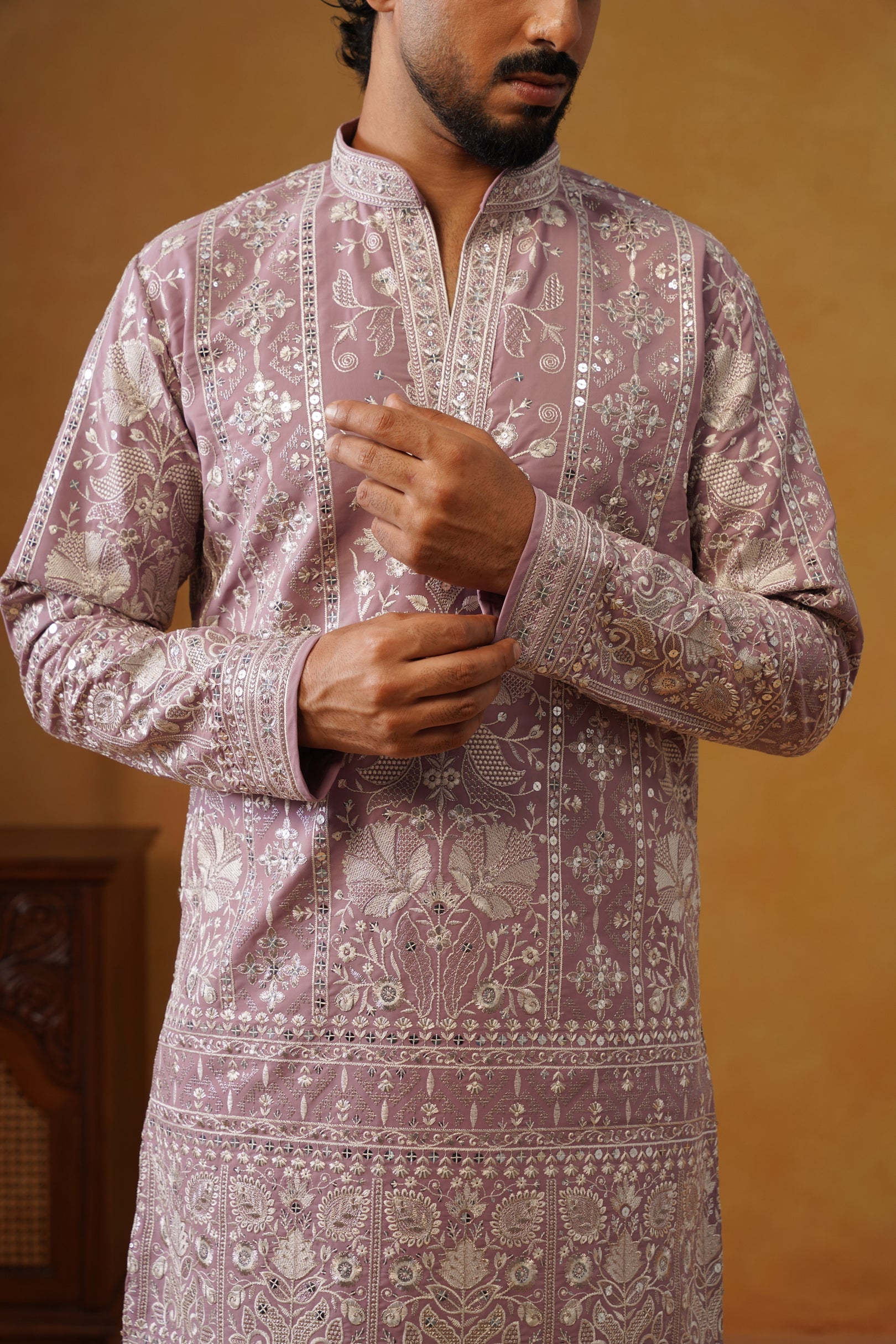 Rooh | Dusty Lilac V-Neck Kurta & Trouser Set with Dupatta