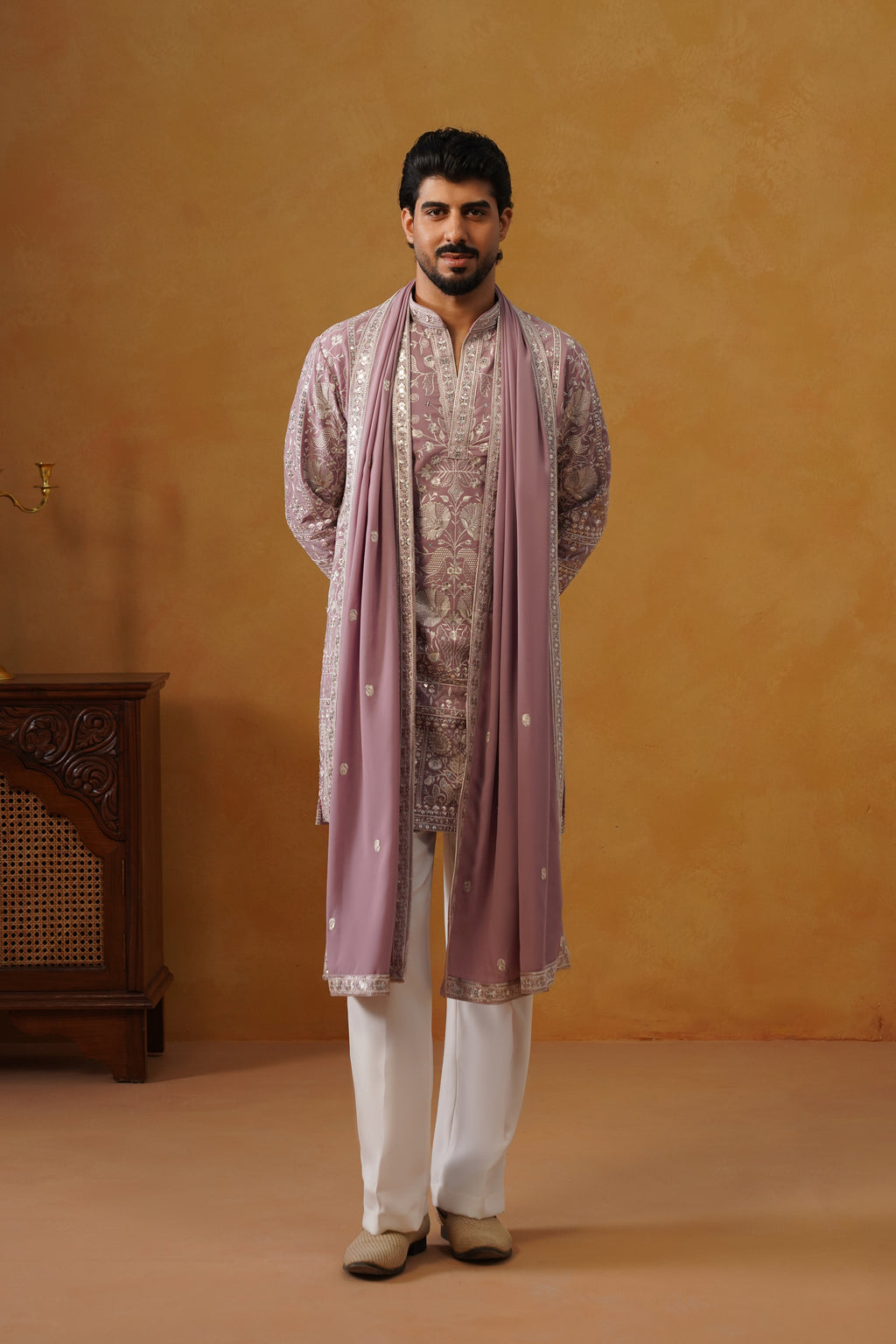 Rooh | Dusty Lilac V-Neck Kurta & Trouser Set with Dupatta