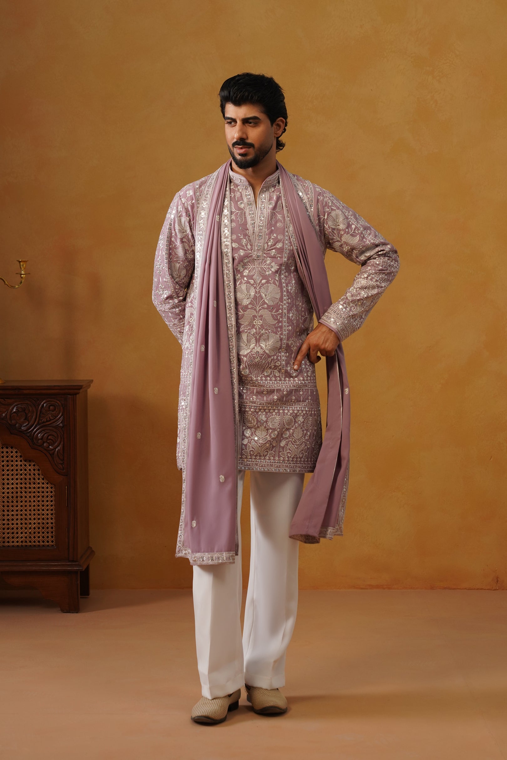Rooh | Dusty Lilac V-Neck Kurta & Trouser Set with Dupatta