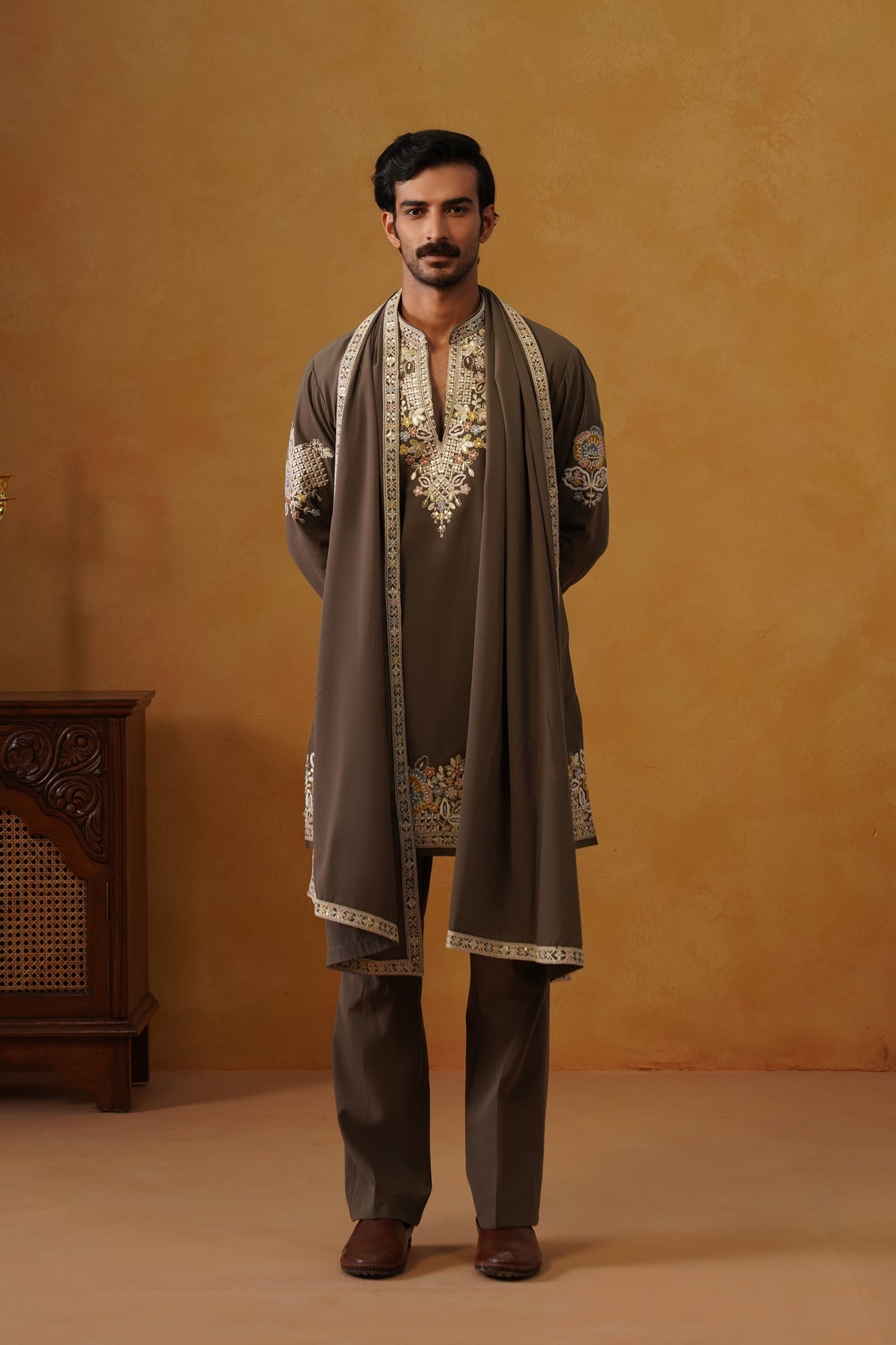 Aalekh | Mocha Taupe V-Neck Kurta & Trouser Set with Dupatta