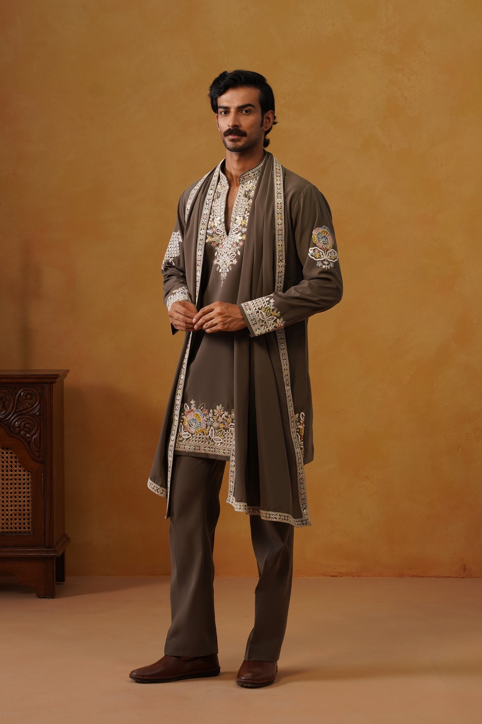 Aalekh | Mocha Taupe V-Neck Kurta & Trouser Set with Dupatta