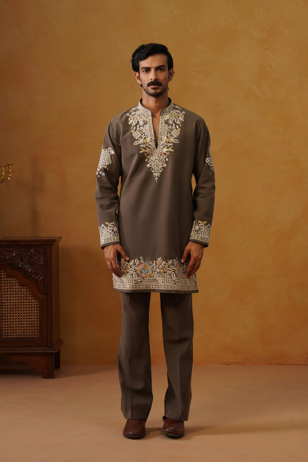 Aalekh | Mocha Taupe V-Neck Kurta & Trouser Set with Dupatta