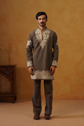 Aalekh | Mocha Taupe V-Neck Kurta & Trouser Set with Dupatta