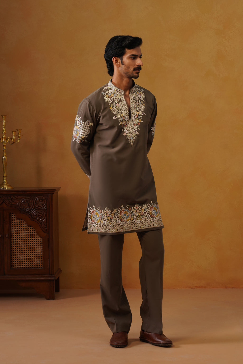 Aalekh | Mocha Taupe V-Neck Kurta & Trouser Set with Dupatta