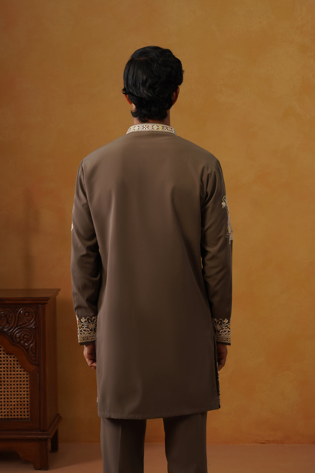 Aalekh | Mocha Taupe V-Neck Kurta & Trouser Set with Dupatta