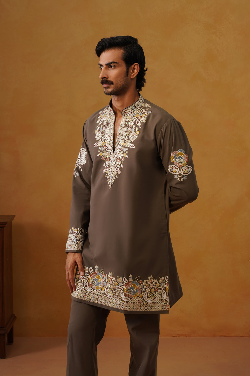 Aalekh | Mocha Taupe V-Neck Kurta & Trouser Set with Dupatta