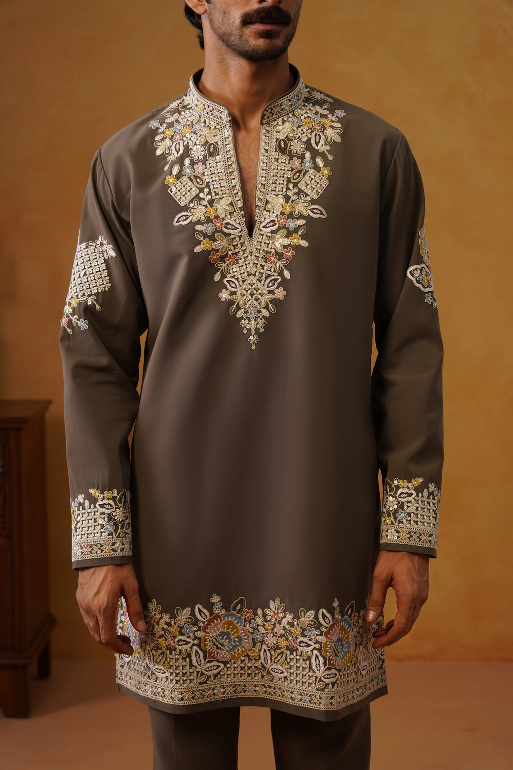 Aalekh | Mocha Taupe V-Neck Kurta & Trouser Set with Dupatta